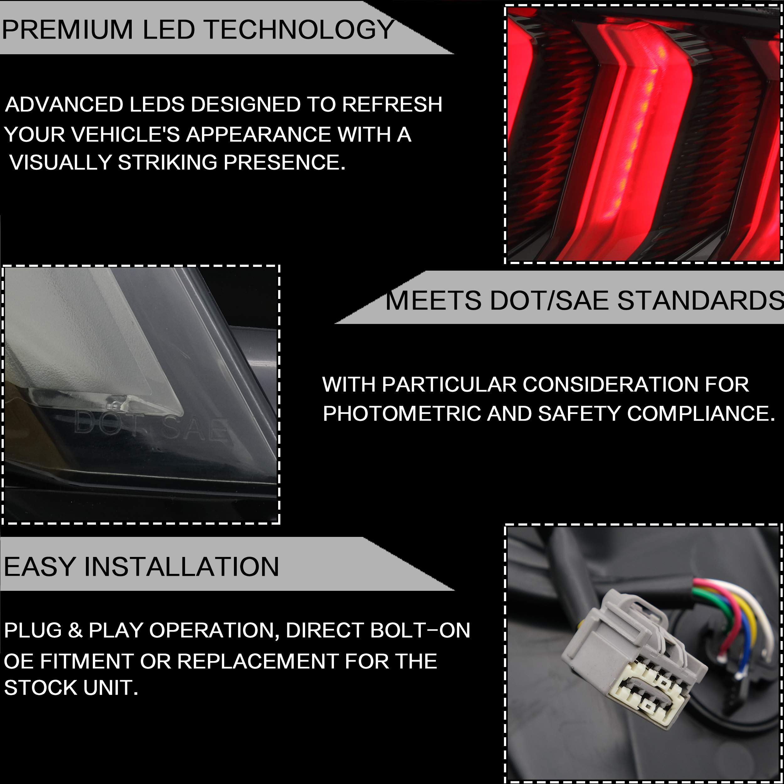 VLAND Smoked LED Tail Lights Assembly for Ford Mustang 2015-2020 - Sequential Turn Signals, 5 Lighting Modes, Plug & Play Installation - Upgrade Your Mustang's Rear Style for Night Driving & Car Shows