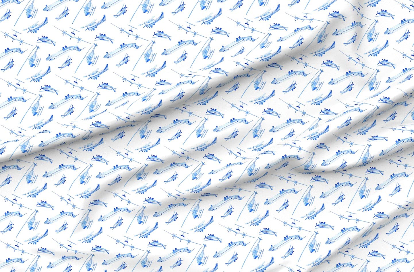 Scattered Airplanes Watercolor Printed Velvet Fabric by The Yard - Blue Nursery Boy Upholstery & Apparel Fabric - Perfect for Home Decor, DIY Projects, and Baby Room Design