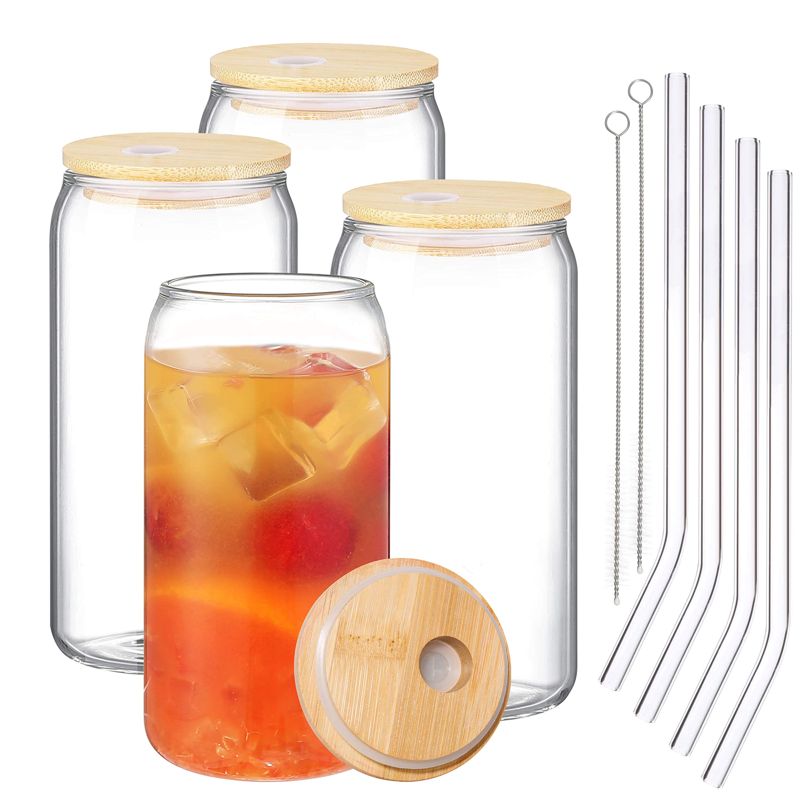 16oz Glass Beer Mugs with Bamboo Lids & Straws - Set of 4 Reusable Drinking Glasses for Iced Coffee, Cocktails, and Beer - Perfect for Home, Parties, and Outdoor Gatherings