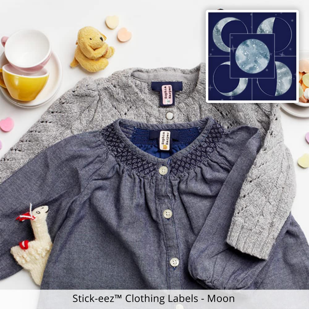 70 Personalized No-Sew No-Iron Laundry-Safe Stick-EEZ™ Clothing Labels (Moon Theme) - Washer & Dryer Safe for Kids & Adults by Oliver's Labels - Perfect for School, Camp & Daycare Organization