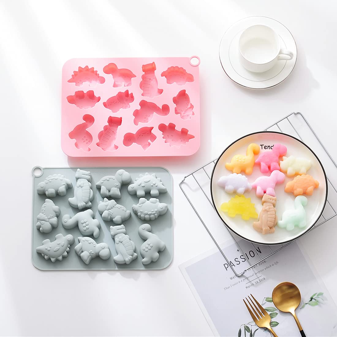 2Pcs Cute Dinosaur Silicone Cake Molds - 3D Dino Chocolate & Gummy Mold Tray with 12 Cavities - Perfect for Baking, Candy Making, Cupcake Decorating and DIY Handmade Soap - Fun Kids Birthday Party & Baking Activity Supplies