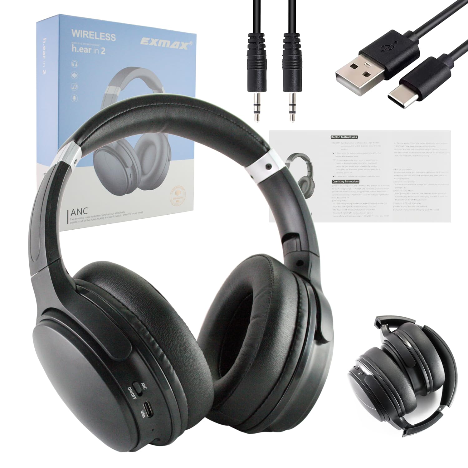 EXMAX H5 Bluetooth Headphones with ANC - Hi-Fi Stereo Wireless/Wired Over-Ear Headphones, Built-in Mic, Foldable Design, 25H Playtime - Perfect for Online Classes, Gaming, PC, Smartphones & TV Watching