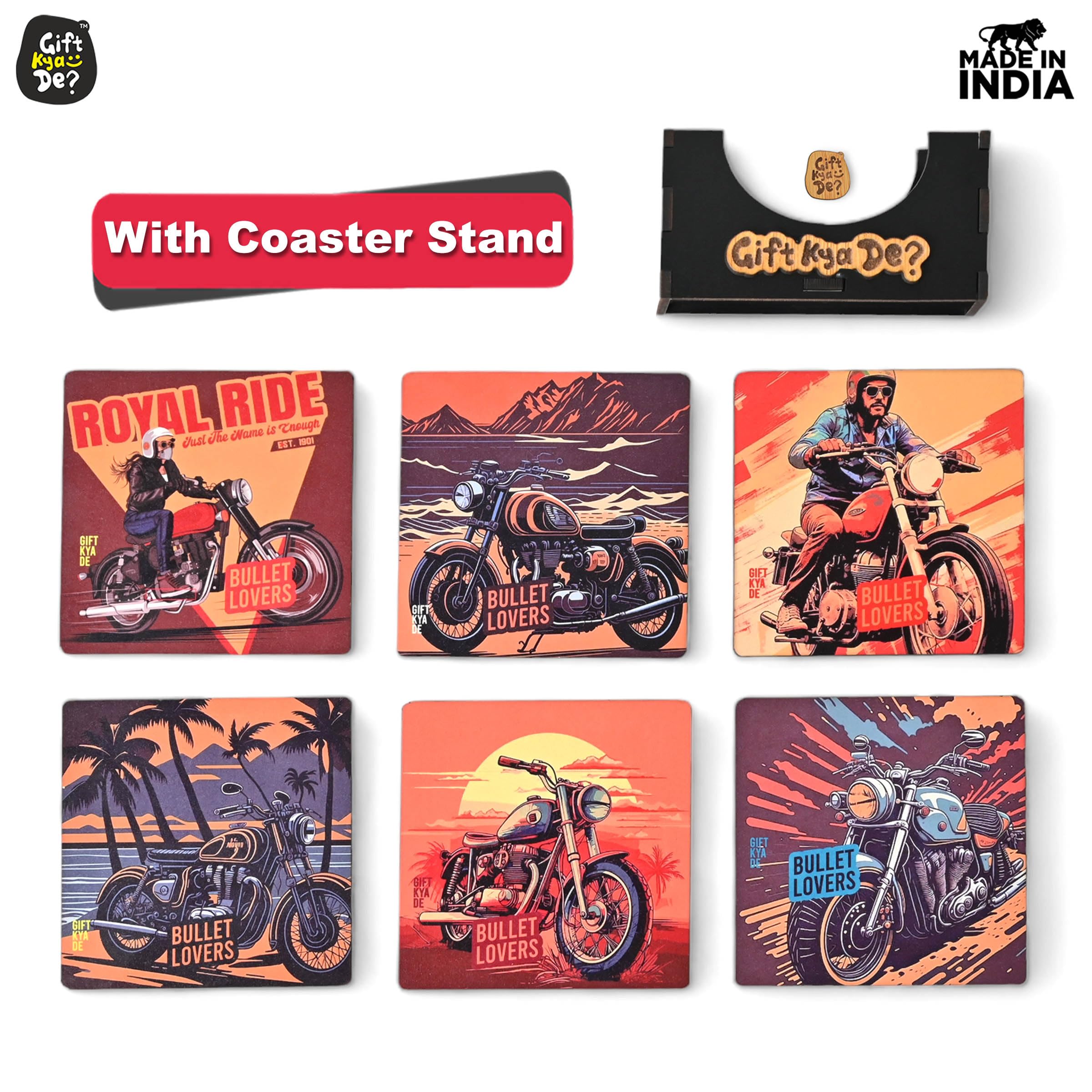 GKD 6-Piece Bullet Bike Coaster Set with Stand - Perfect for Tea, Coffee & Glasses - 3.8x3.8 Inch Square RE Bike Design - Ideal for Motorcycle Enthusiast Gifts & Home Bar Decor