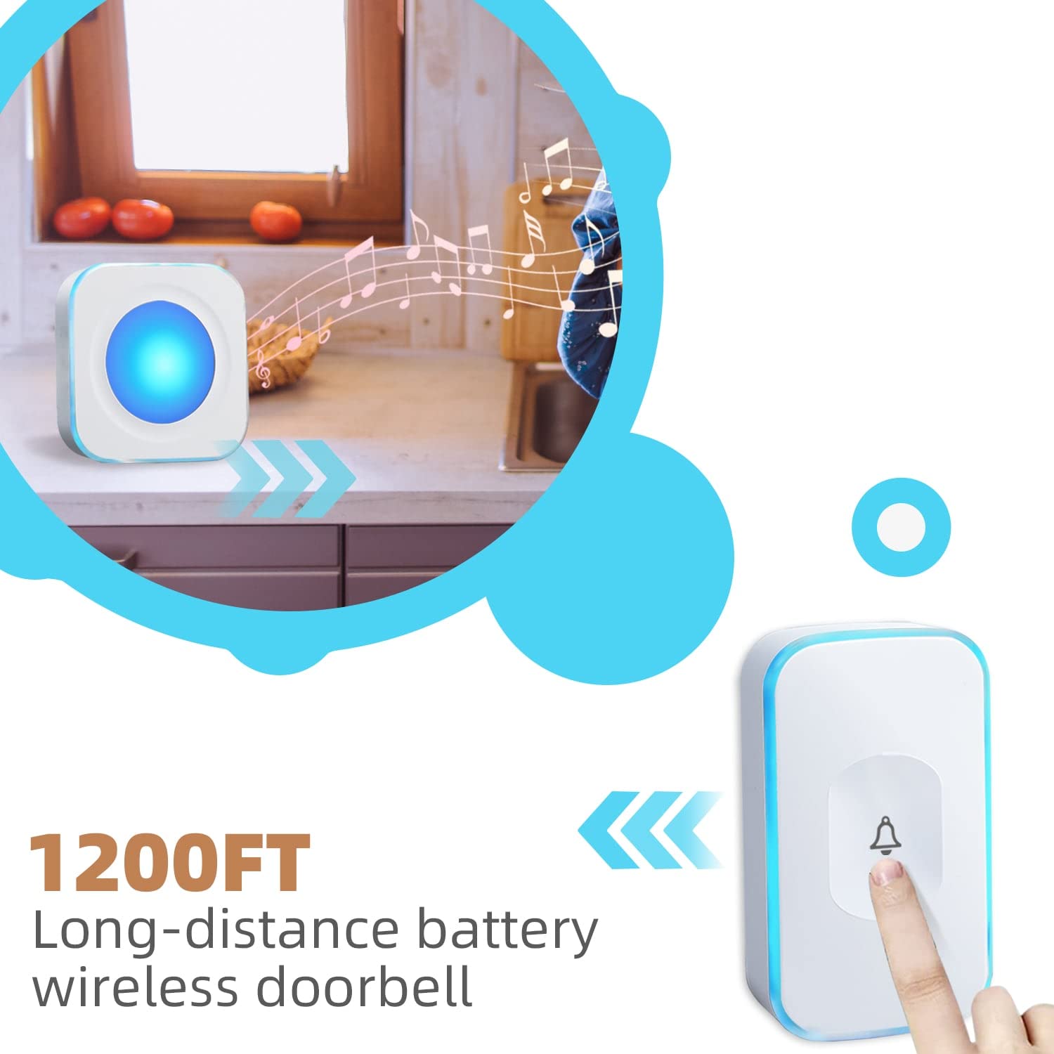 Wireless Doorbell Battery Operated - 1200FT Range with Flashing LED, 36 Ringtones & 4 Volume Levels - Includes 1 Doorbell Button & 1 Portable Receiver - Ideal for Home, Office, Apartment, and Elderly Care (White) by FUHONGRUI