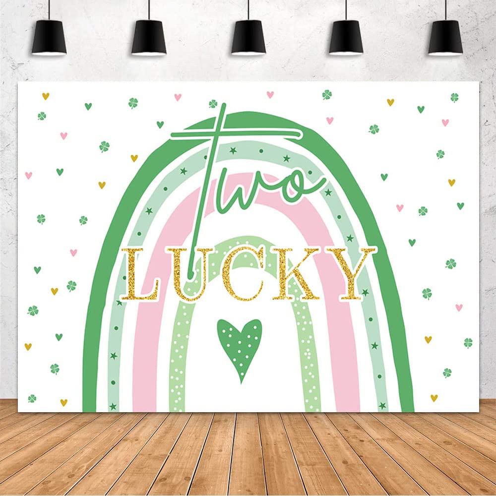 MEHOFOND Boho Birthday Backdrop for Girls - 2nd Birthday Party Decorations, St. Patrick's Day Shamrock Green Clover Background - 7x5ft Vinyl Photo Prop for Cake Table, Studio & Home Decor - Perfect for Baby Showers, Themed Parties & Photo Booths