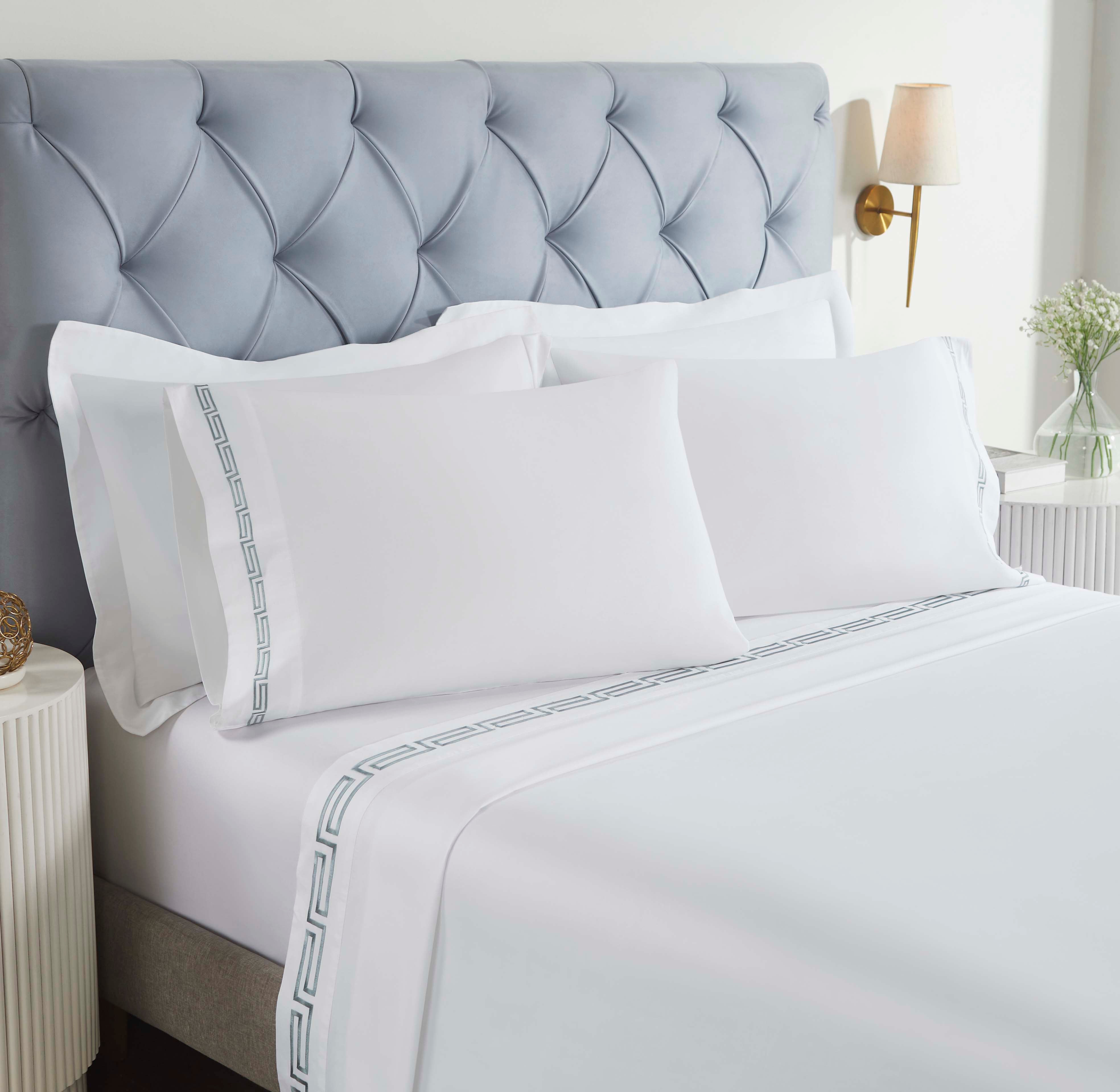Premium Harrison Cotton Greek Key Embroidered Deep Pocket Bed Sheet Set - Queen Size, 4-Piece Luxury Bedding for Master Bedroom & Guest Room