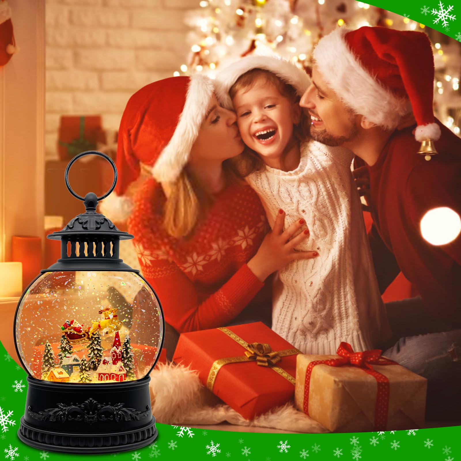 Christmas Snow Globe Lantern with Music & Timer - USB/Battery Powered LED Glittering Globe Decor for Home, Office, Holiday Party | Perfect for Christmas Tree, Mantel, Tabletop & Gift Giving (Reindeer Design)