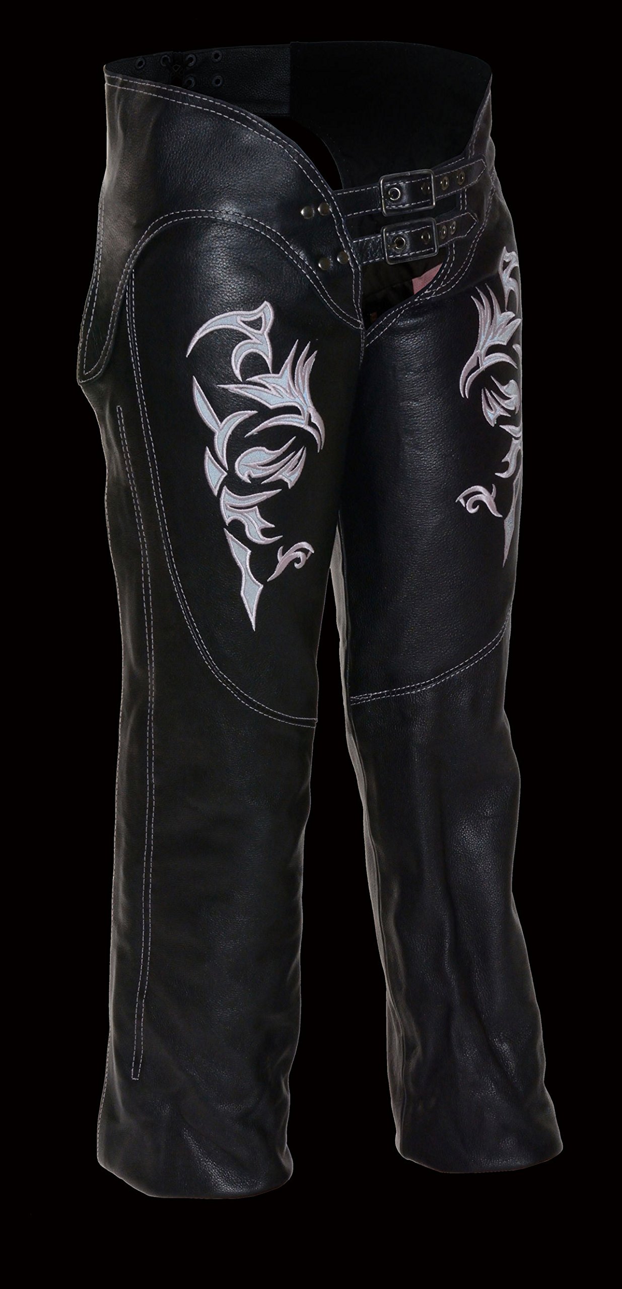 Milwaukee Leather Women's Motorcycle Chaps with Reflective Tribal Embroidery - XS Size for Riding Safety & Style | Perfect for Harley Davidson & Cruiser Bikes