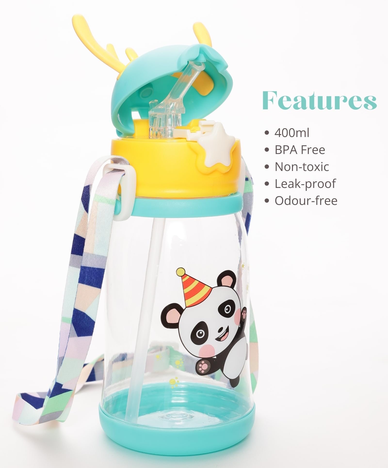 Paper Moon Deer Horn Cartoon Sippy Cup - 600ml Leak-Proof Kids Water Bottle with Adjustable Strap for School, Travel & Outdoor Activities - BPA Free Spill-Proof Tumbler (Multicolor, Design May Vary)