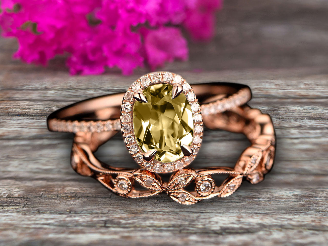 2 Carat Oval Cut Champagne Moissanite Engagement Ring Set with Floral Leaf Wedding Band - 10k Rose Gold Halo Bridal Ring Set for Women | Perfect for Proposals, Anniversaries & Special Occasions