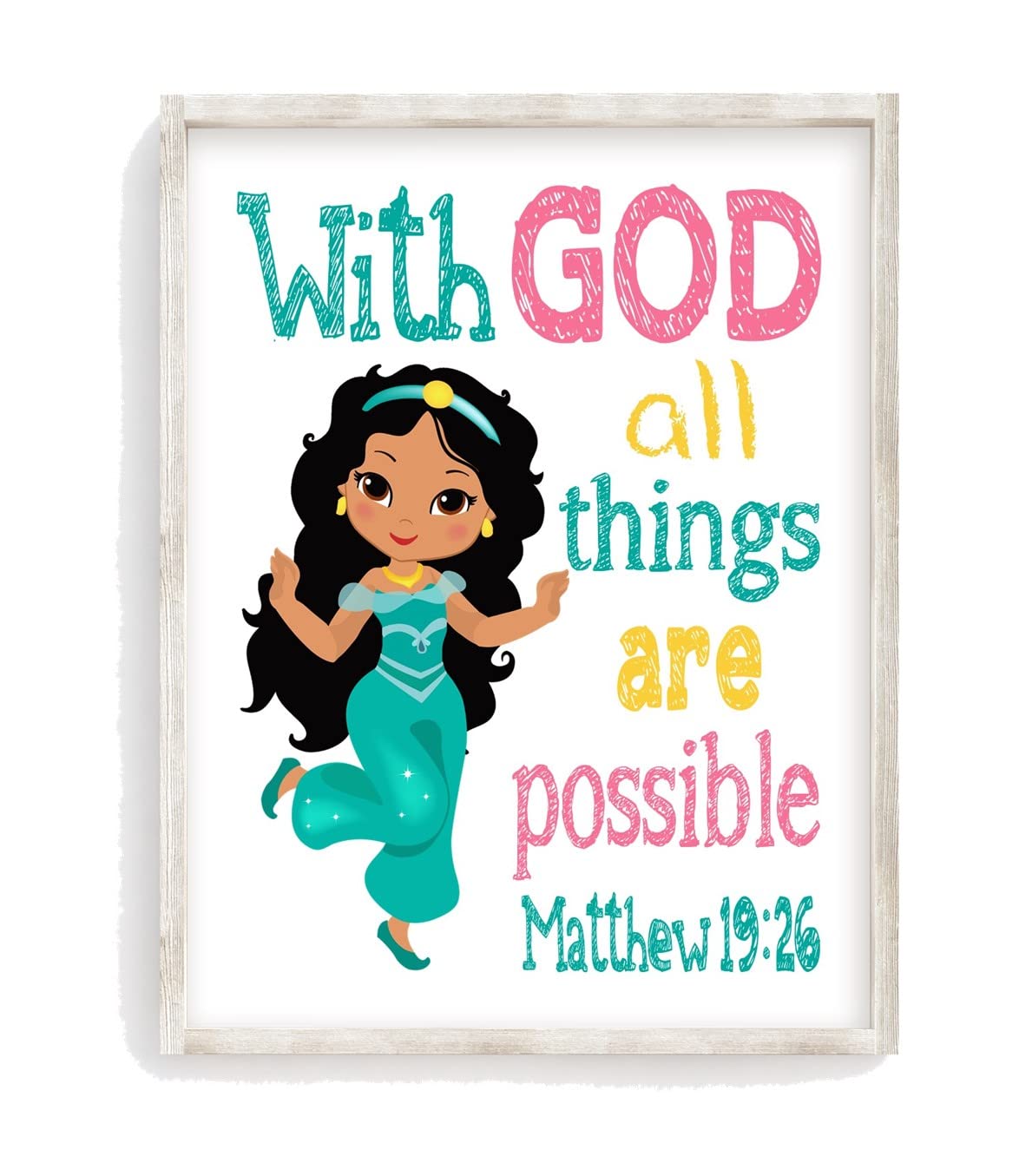 Jasmine Princess Christian Nursery Print - Matthew 19:26 for Baby Room Decor