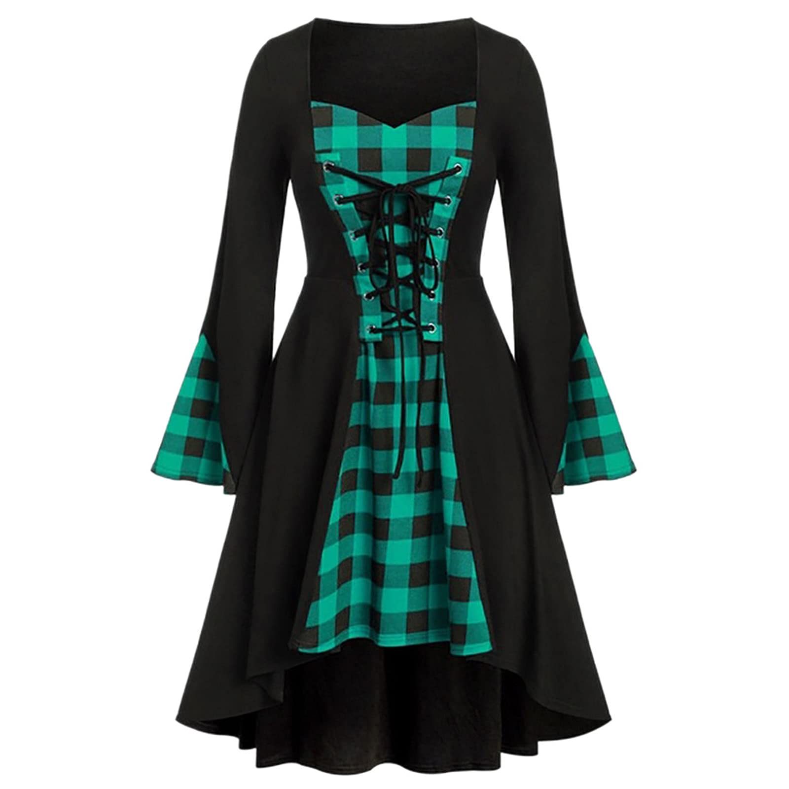 Xiloccer Women's Plus Size Lace Up Patchwork Plaid Dress - Elegant Long Sleeve Lattice Cocktail & Party Costume Dress for Evening Events, Weddings, and Special Occasions