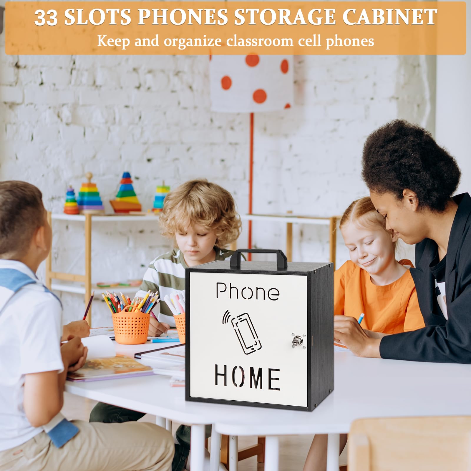 33-Slot Wooden Cell Phone Storage Cabinet with Handle & Lock - Classroom & Office Organizer for Student Phones - Durable Black Pocket Chart for Schools, Meetings & Study Areas
