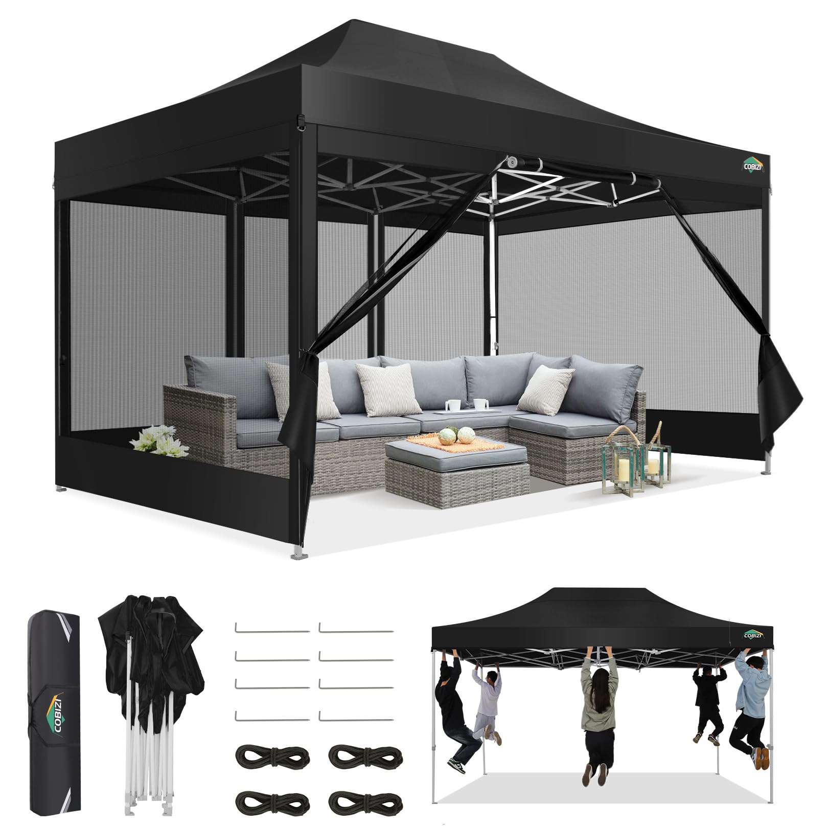 COBIZI 10x15 Heavy Duty Waterproof Pop Up Canopy Tent with Sidewalls & Mosquito Net - Easy Setup Instant Shelter for Outdoor Events, Weddings, Backyard Parties - Includes Carry Bag (Black) | Perfect for Camping, Beach Trips, Farmers Markets and Tailgating
