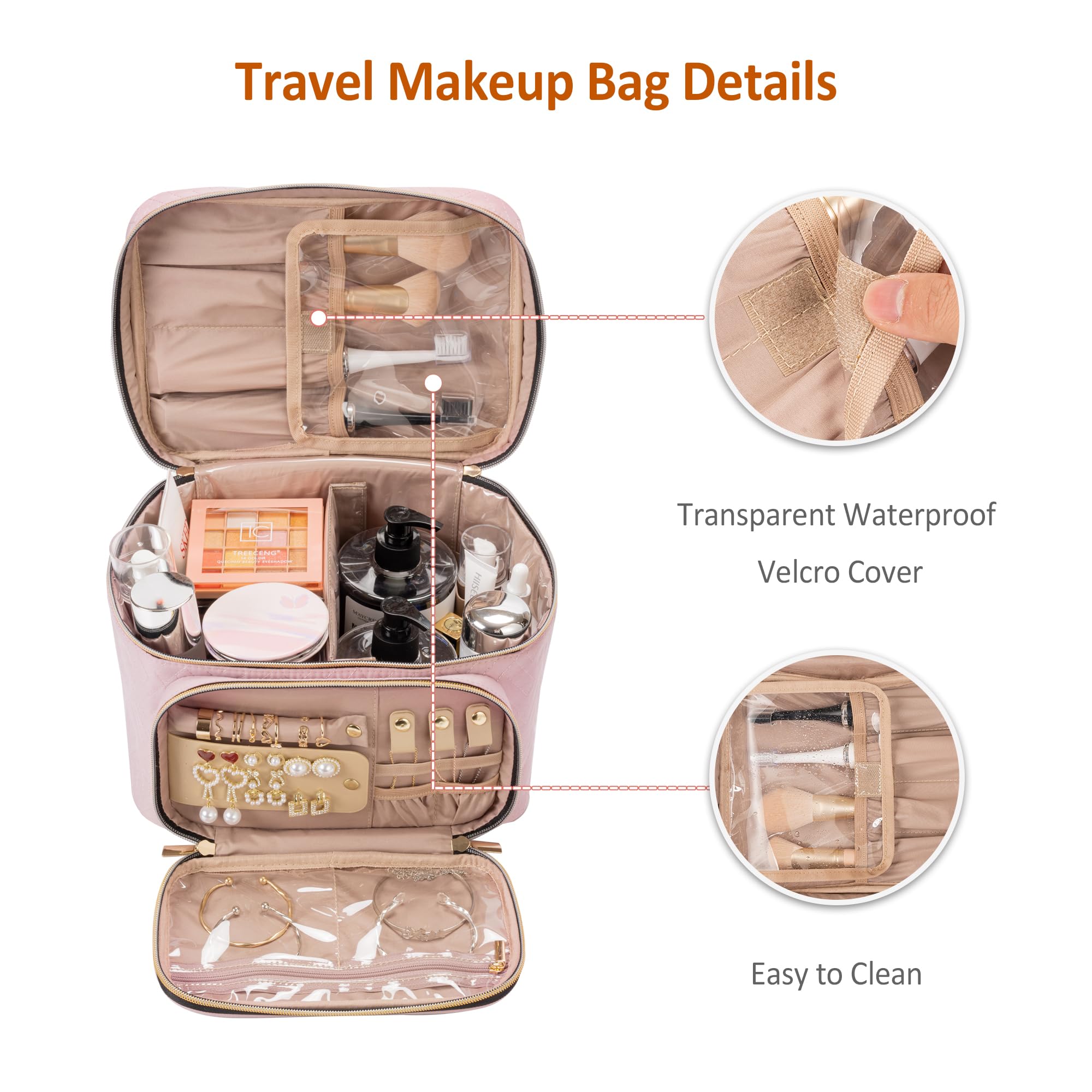 Waterproof Travel Cosmetic Organizer Bag - Large Makeup Case with Jewelry Storage | Pink Toiletry Box for Cosmetics, Brushes & Tools | Perfect for Vacation, Gym & Business Trips