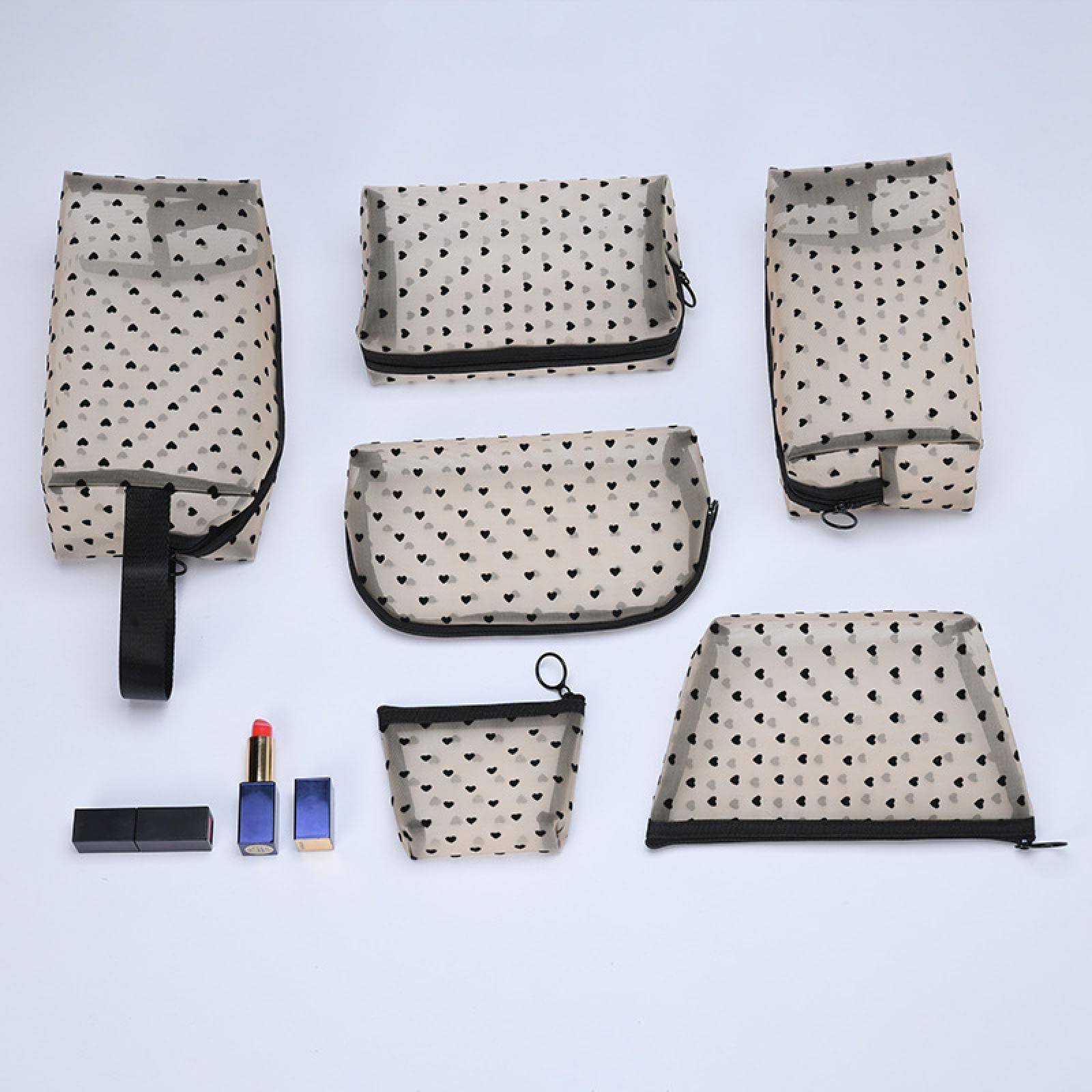 youyiC Mesh Cosmetic Bag 6-Piece Set - Breathable Travel Makeup Organizer for Toiletries | Portable Storage Pouch for Cosmetics, Jewelry & Essentials | Perfect for Vacation, Gym & Daily Use (Beige & Black Dot Pattern)