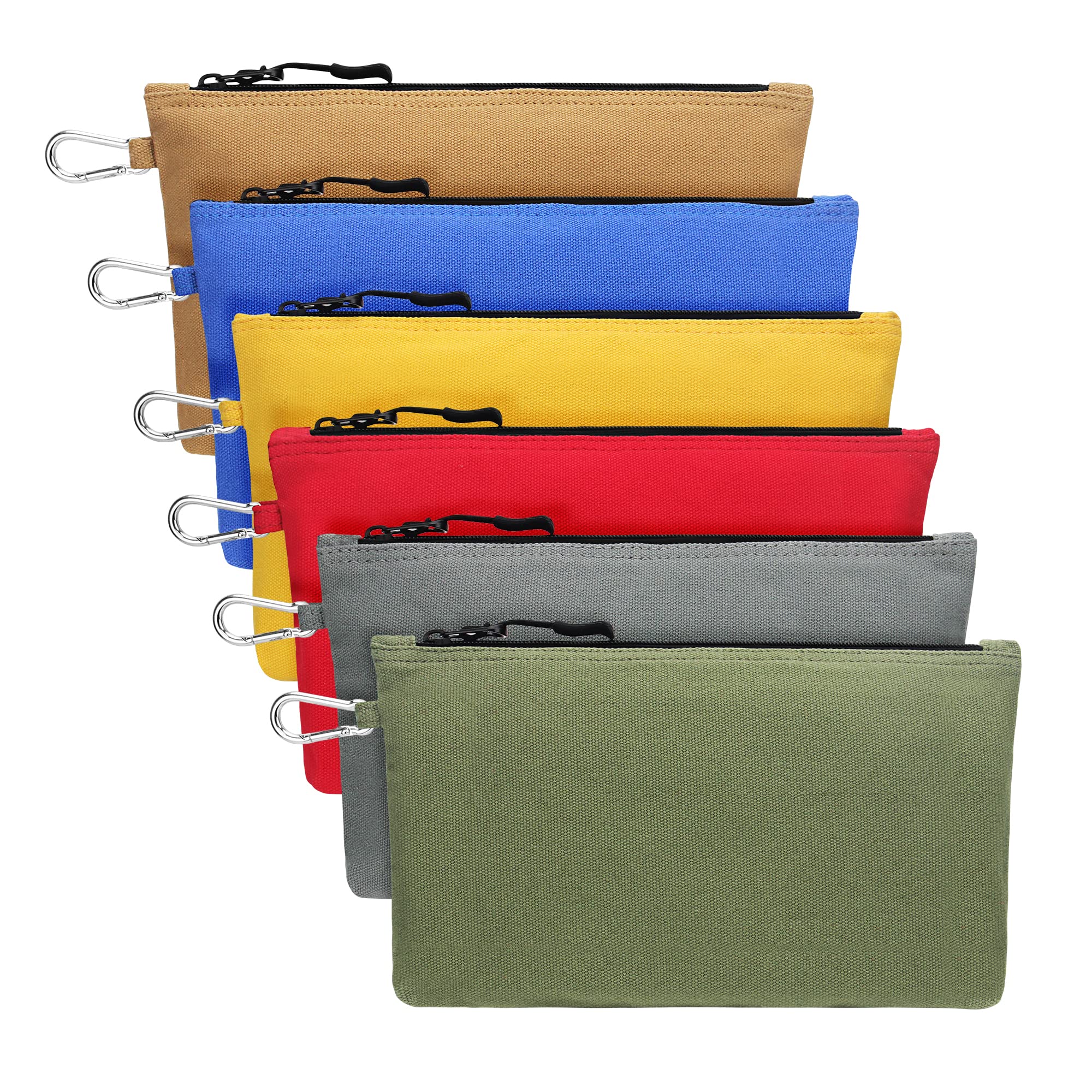 6 Pack Heavy Duty 16 OZ Canvas Tool Bags with Carabiner Clip - Multipurpose Zippered Pouch for Tools, Gardening, Camping & DIY Projects - Durable Construction with Reinforced Zippers