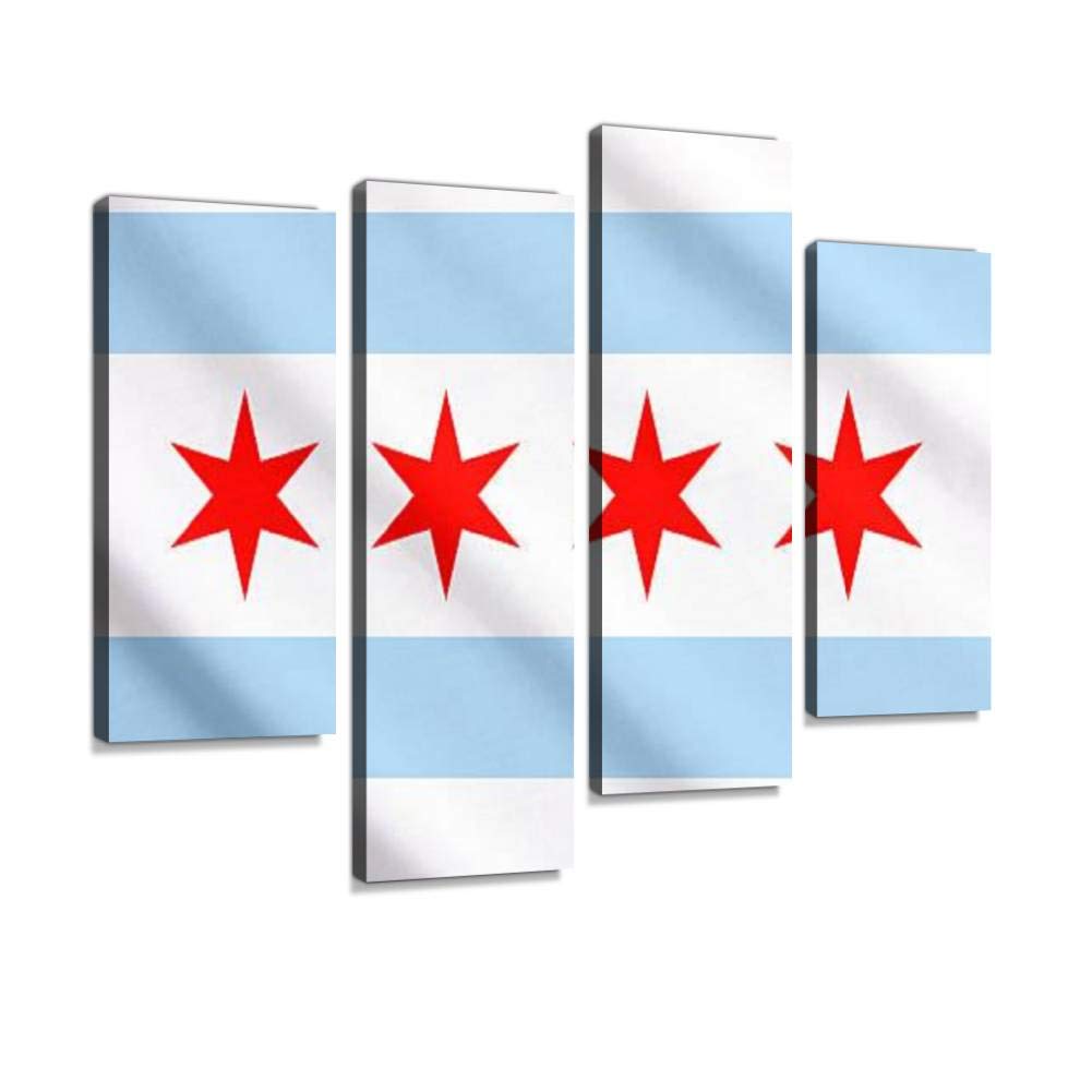 Chicago Flag Waving Canvas Wall Art - Modern Framed Painting for Living Room, Bedroom & Office Decor - Ready to Hang 4 Panel Home Wall Decor - Perfect for Gifts & City Pride Display