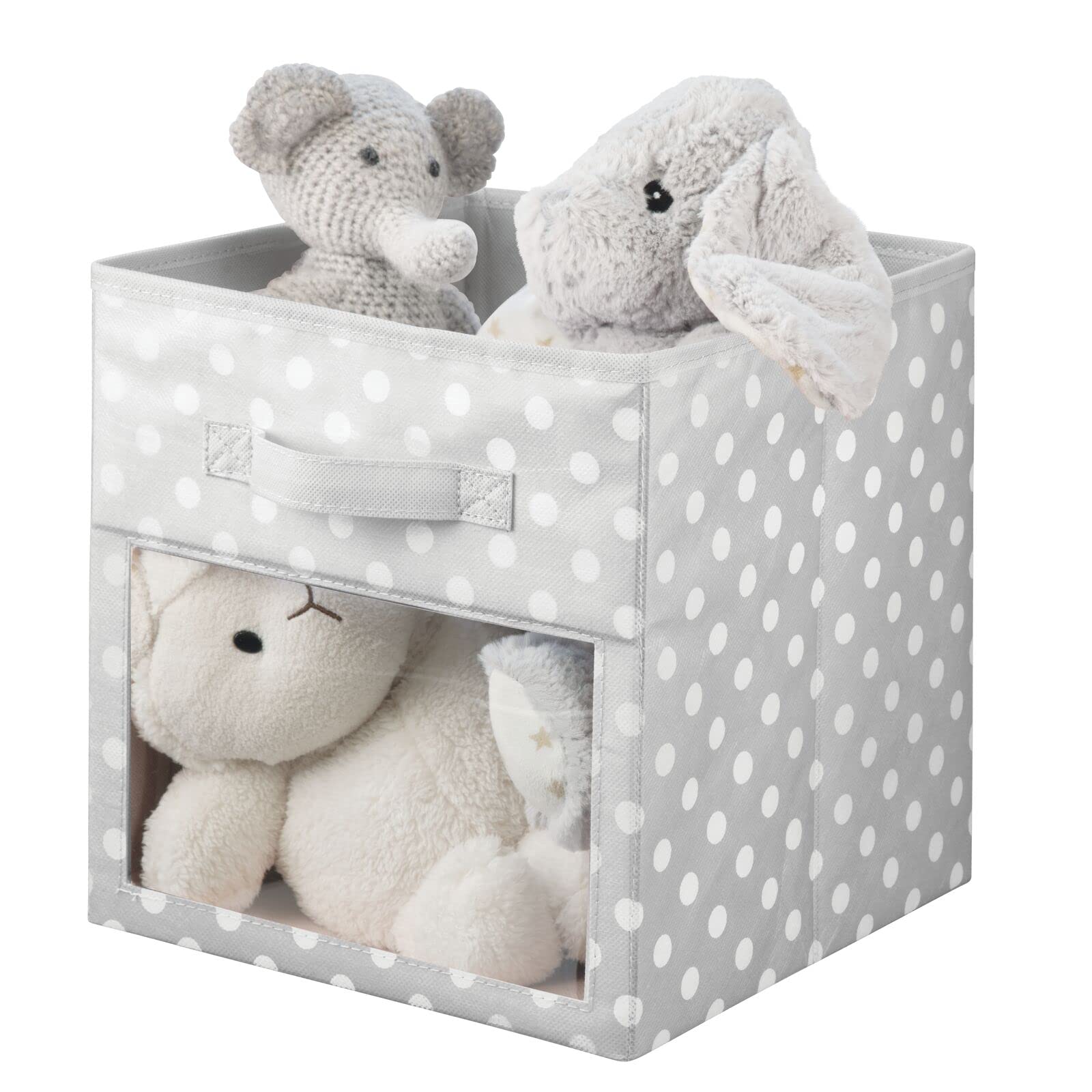 mDesign Fabric Storage Bins 4-Pack - Gray/White Polka Dot Closet Organizer with Front Handles & Window for Nursery, Playroom - Perfect for Toys, Clothes, Diapers & Bibs Storage - Fits Cube Shelving Units & Kids Room Organization