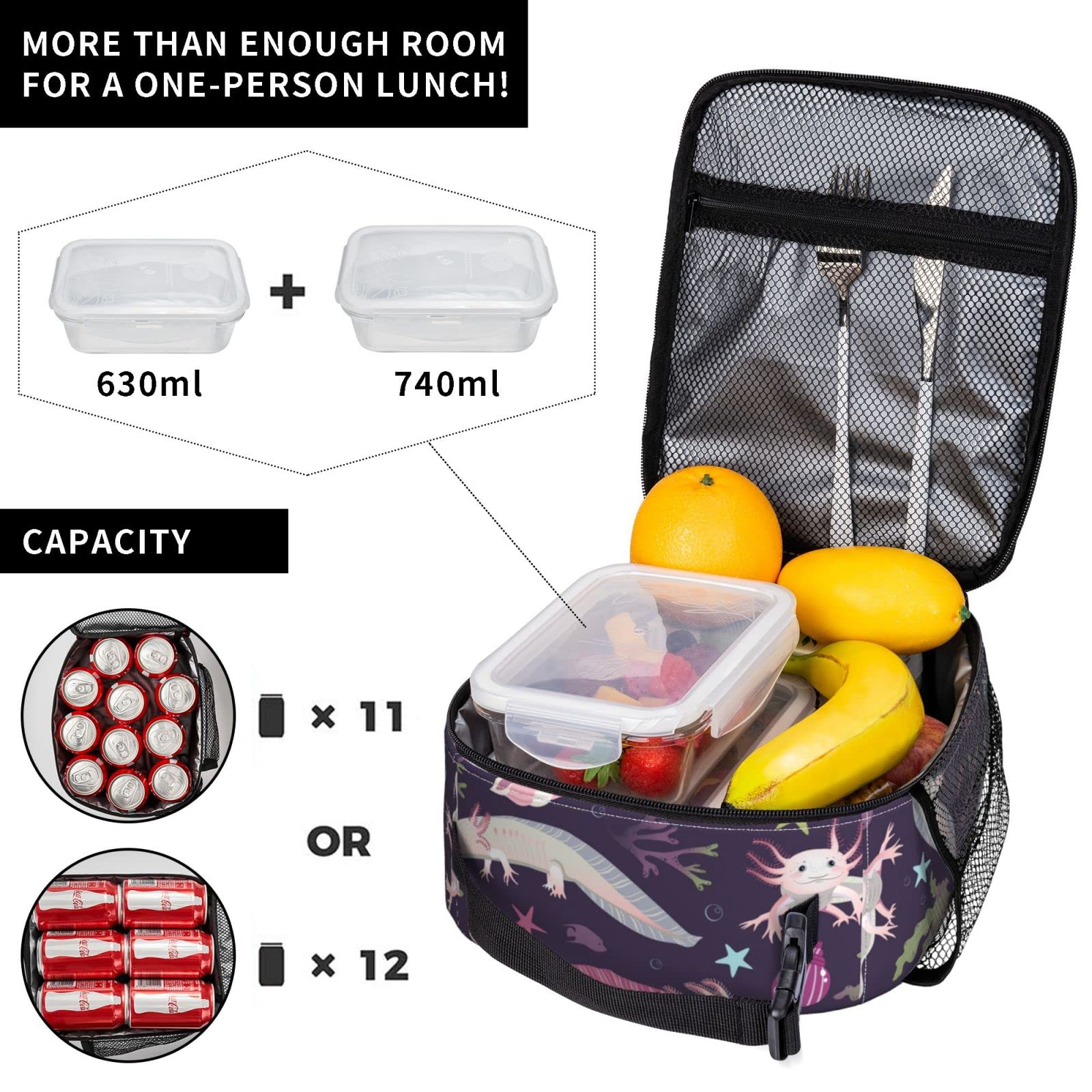Insulated Reusable Axolotl Lunch Box - Thermal Cooler Tote for School, Work, Beach & Travel - Perfect for Kids, Men & Women