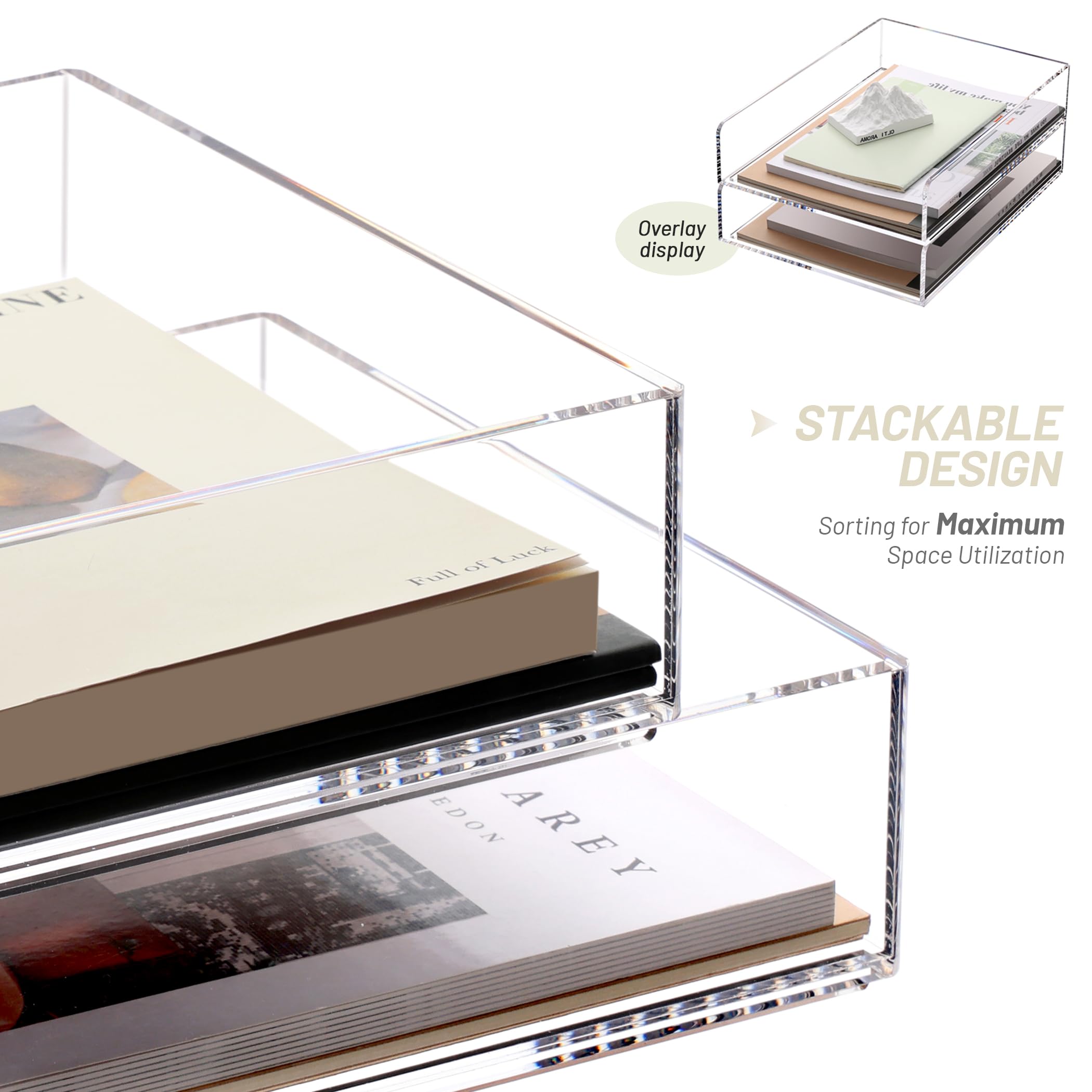 SANRUI Acrylic Stackable Letter Tray - Clear Paper Organizer for Desk, 2-Pack - Office, Home & School Supplies - Perfect for Mail Sorting, Document Storage & Workspace Organization
