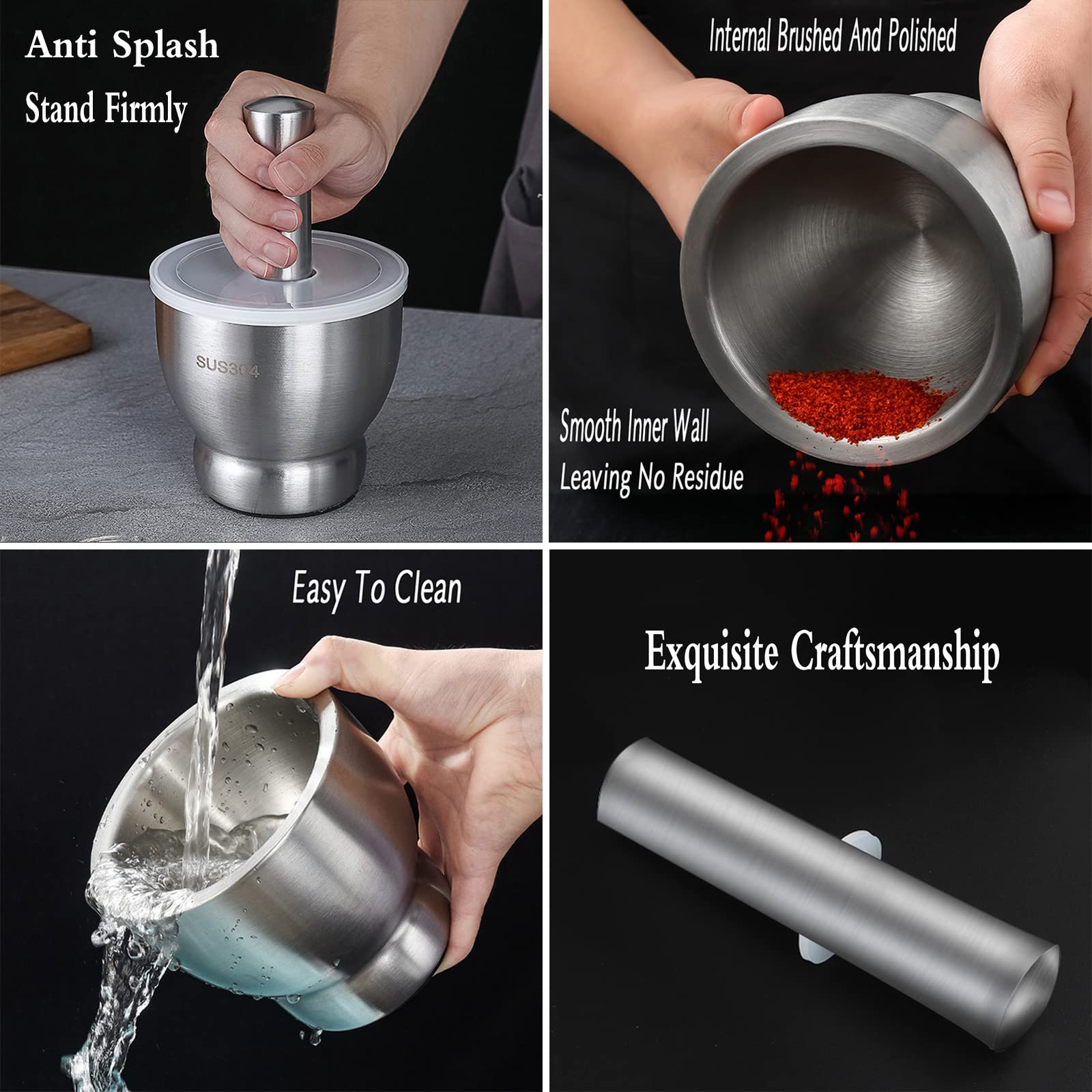Premium Stainless Steel Mortar and Pestle Set - 4 Inch Molcajete Bowl for Grinding Herbs, Spices, Pills & Making Guacamole | Durable 18/8 Steel Spice Crusher & Pesto Maker | Perfect for Kitchen, Pharmacy & Home Cooking