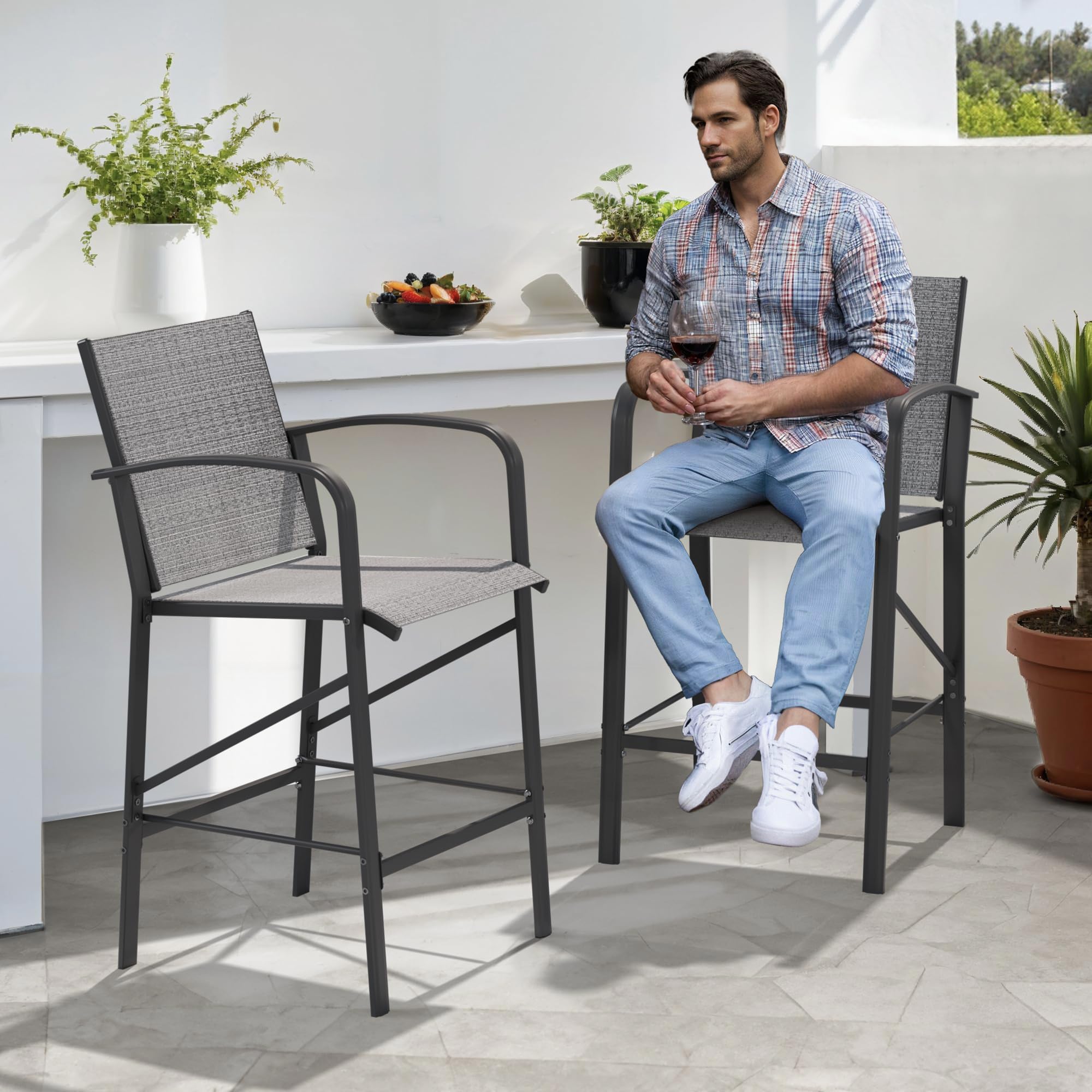 **6-Pack Outdoor Bar Stools Set - Heavy Duty 300lb Capacity, All-Weather Mesh Patio Chairs, Comfortable Bar Height Stools for Backyard, Deck, Poolside & Garden (Grey)**