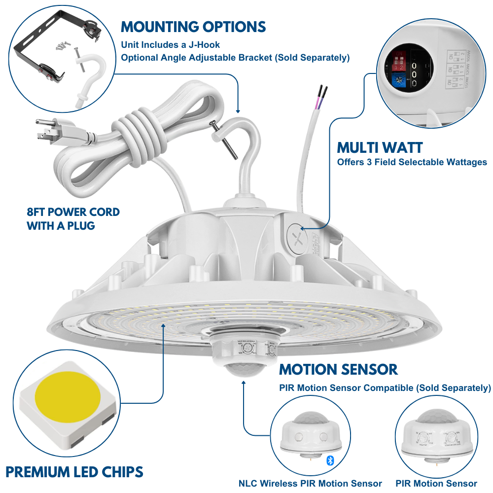 MAX UFO LED Bay Light 150W - 3 Watts Selectable, 23,550LM, 5000K Daylight White, 400W Equivalent - Energy Efficient Warehouse & Workshop Lighting for Industrial Spaces