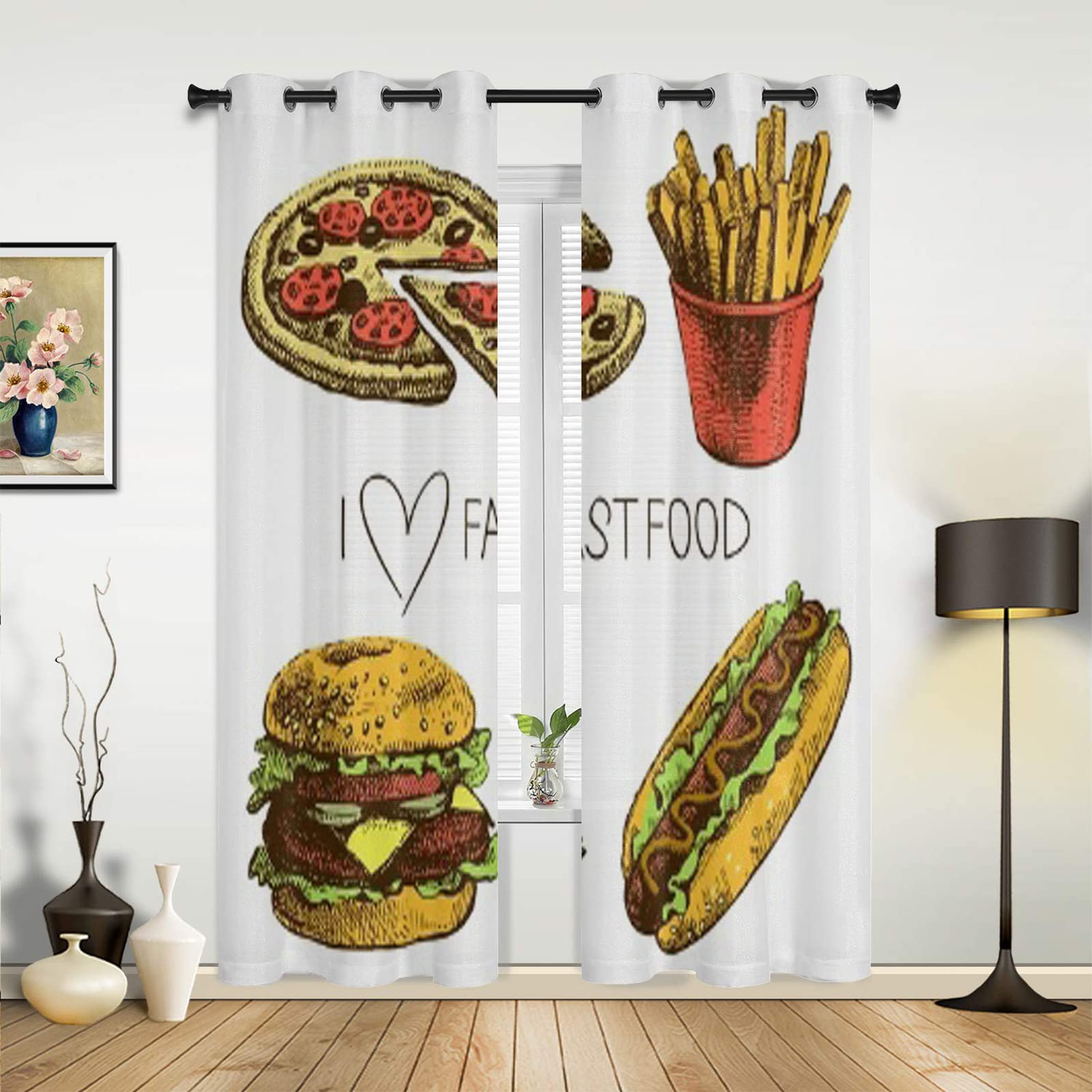 Fast Food Themed Blackout Curtains - Pizza, Burger, Hot Dog & Fries Design | 2-Panel Thermal Insulated Grommet Drapes (52x84 Inches) for Bedroom & Living Room | Perfect for Kids' Rooms, Game Rooms & Fast Food Lovers