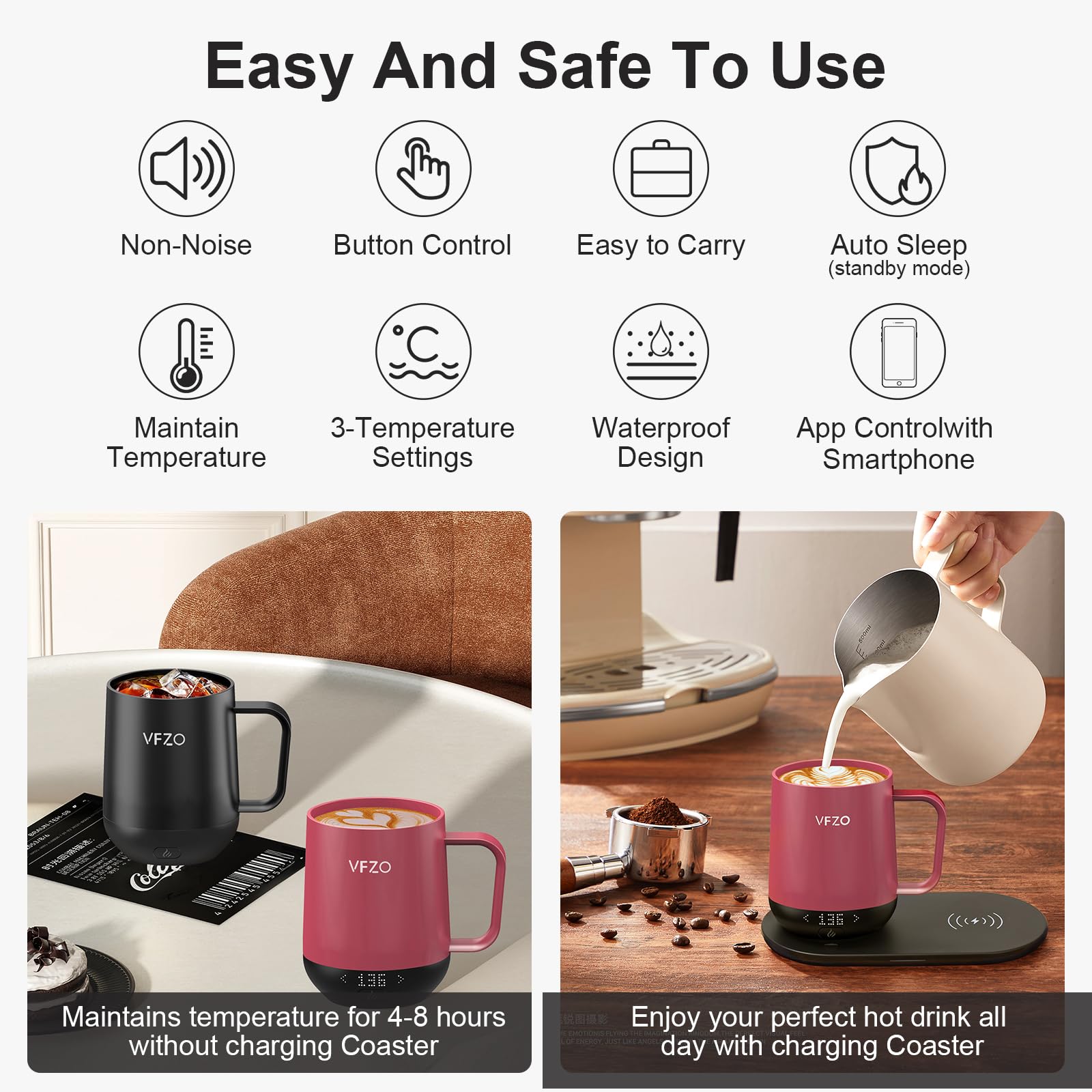 Smart Self-Heating Coffee Mug with Temperature Control & LED Display - 180 Min Battery Life, Fast Wireless Charging (149℉ Max) - Perfect for Office, Travel & Home Use - 12oz Dusty Rose Color