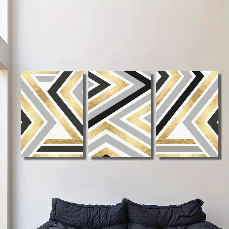 3-Piece Golden Artistic Lines Metal Print Wall Art - Black & Gray Framed Canvas for Living Room, Bedroom, Office Decor | Ready to Hang Modern Home Decor