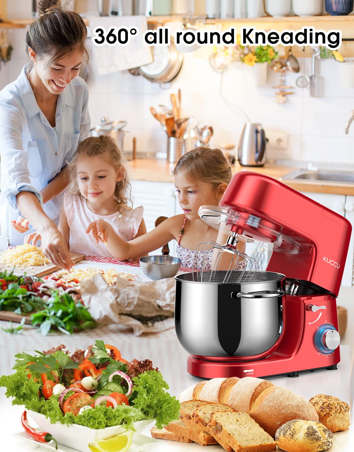 9.5 QT KUCCU Stand Mixer with 6 Speeds & Pulse Function - 660W Tilt-Head Electric Kitchen Mixer for Baking - Includes Dough Hook, Flat Beater, Whisk & Splash Guard - Dishwasher Safe - Perfect for Cakes, Cookies, Bread & Dough (Red)