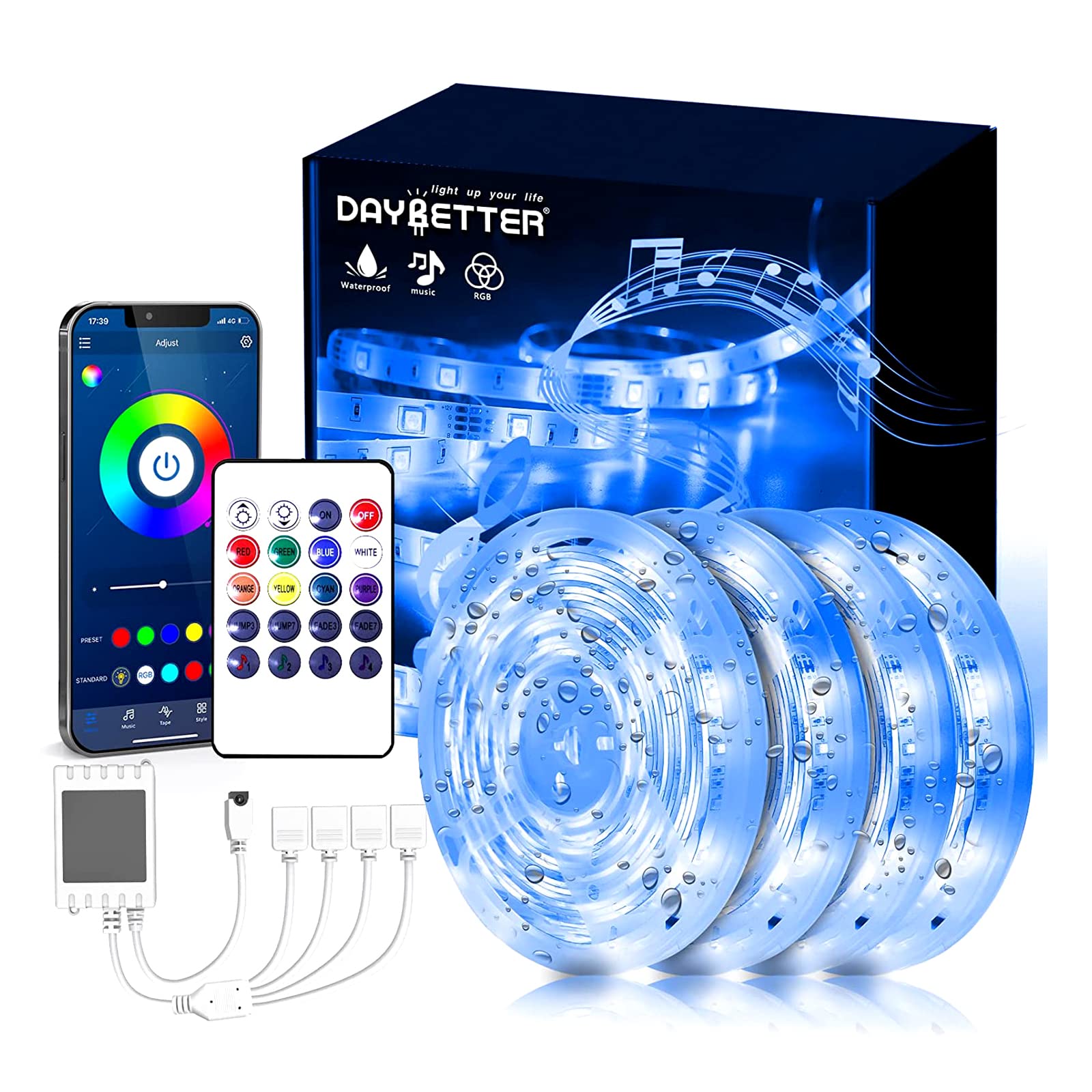 DAYBETTER Outdoor Waterproof LED Strip Lights - 65.6ft Smart RGB Color Changing Lights with Remote & App Control - 5050 LED Light Strips for Bedroom, Roof Eaves, Room Decor (4 Rolls of 16.4ft) - Perfect for Party, Holiday, Wedding & Home Lighting