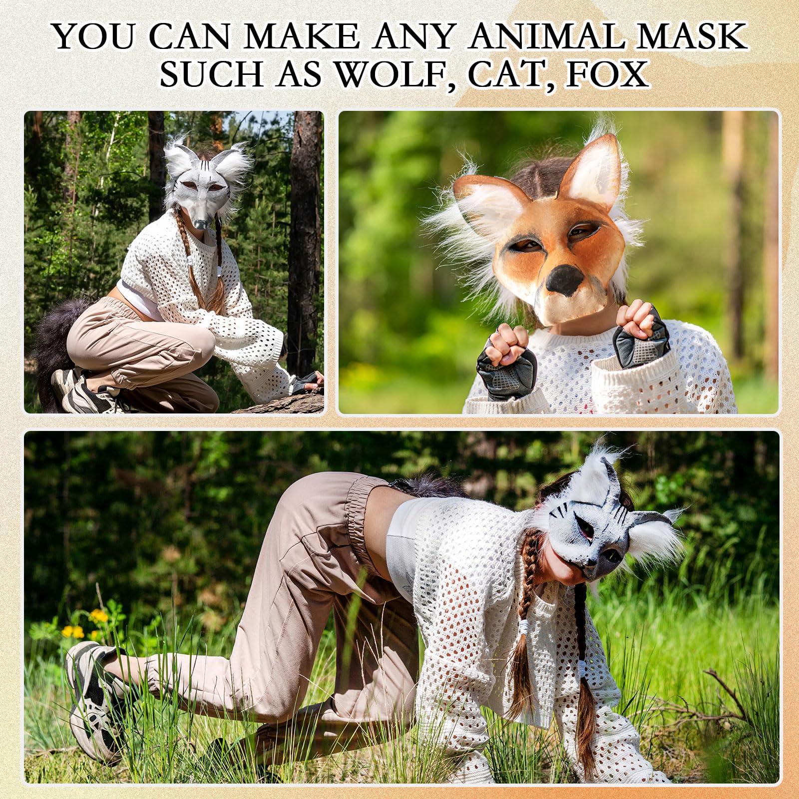 18 Pcs DIY Therian Wolf Costume Mask Kit - Blank Faux Fur Fabric, Felt & Mesh Sheets for Halloween Cosplay, Costume Parties & Role-Playing