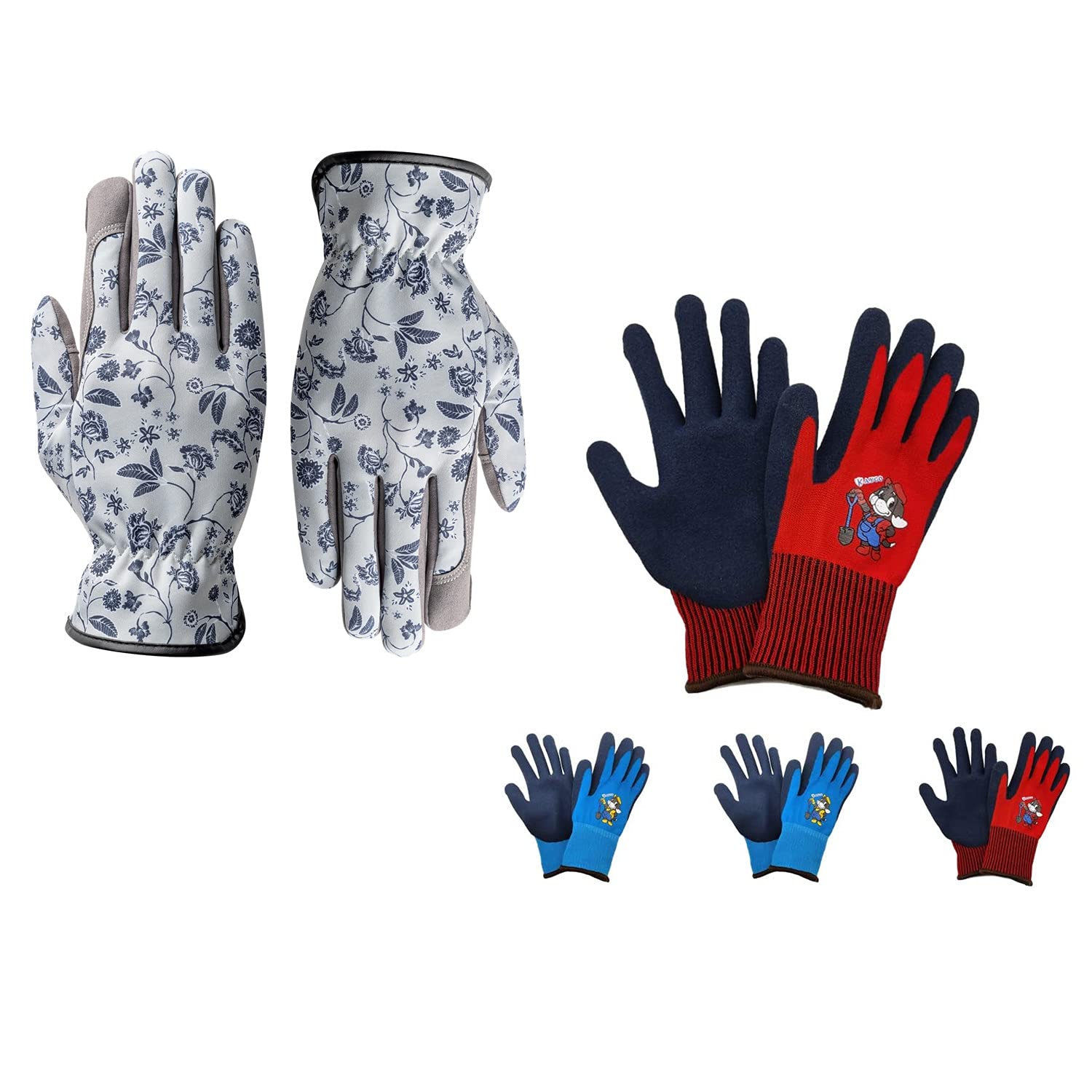 **KAYGO Synthetic Leather & Suede Gardening Gloves for Adults (KG128SS) & Kids Polyester Seamless Knitted Gloves (KGKID100) - Durable, Comfortable for Planting, Weeding, and Outdoor Activities**