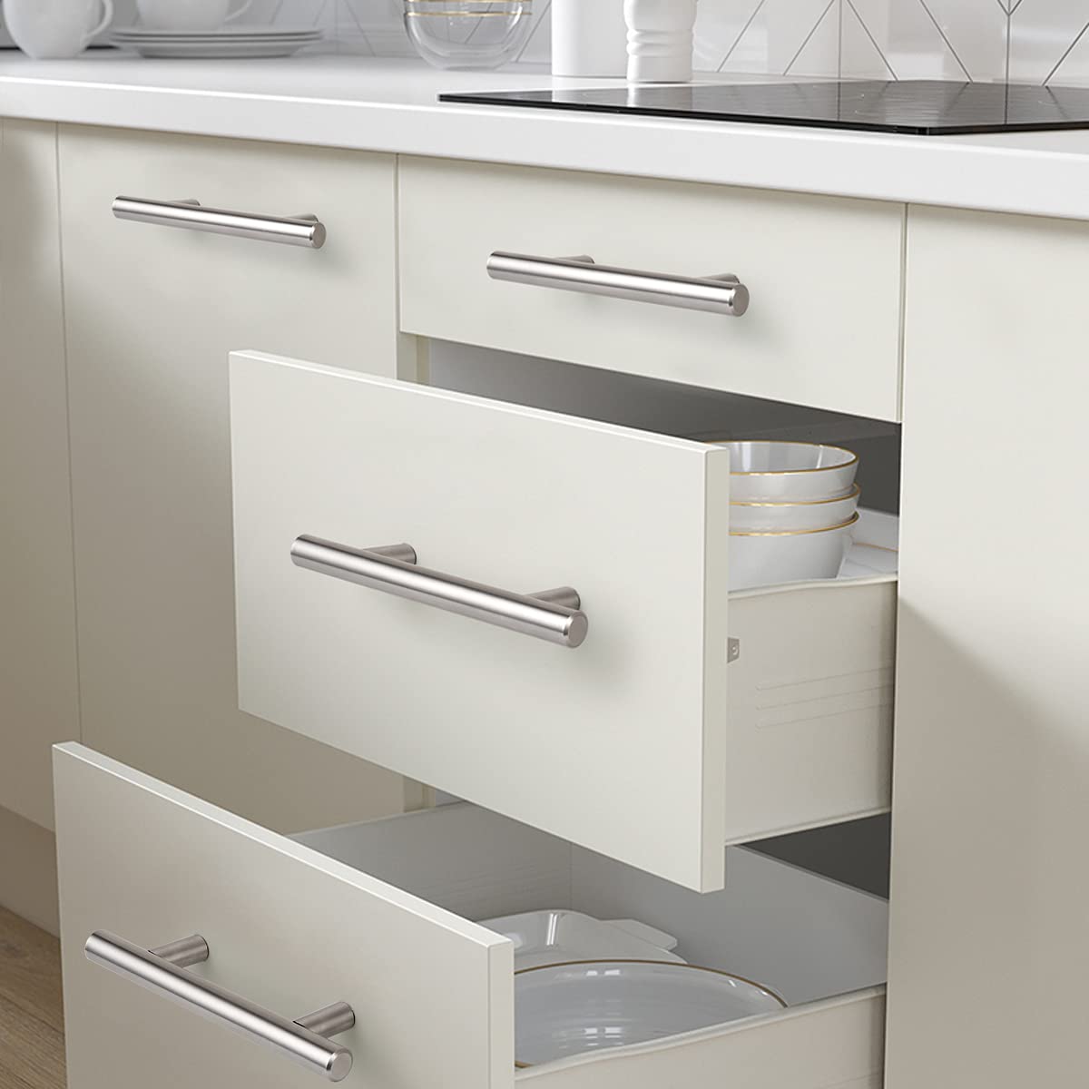 Probrico 12 Pack Brushed Nickel Cabinet Pulls - 3-3/4 Inch Hole to Hole, Round Bar Kitchen Cabinet Handles - Stainless Steel Cabinet Hardware for Kitchen & Bathroom - 6 Inch Overall Length - Perfect for Modern Cabinets, Drawers, and Furniture Upgrades