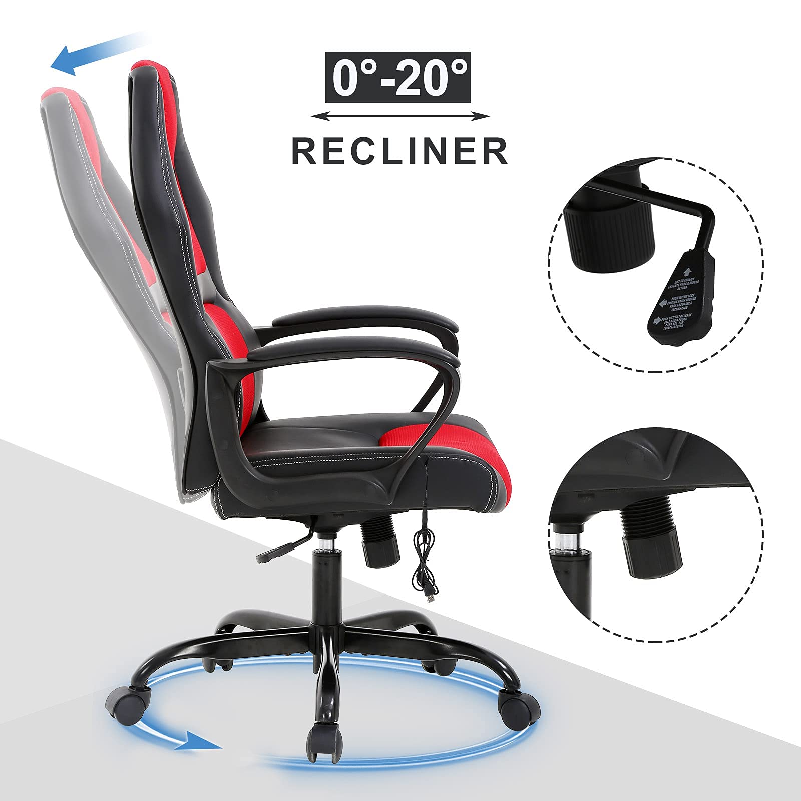 Ergonomic Gaming Chair with Massage & Lumbar Support - PU Leather Office Computer Chair with Adjustable Headrest & Armrests - Modern Swivel Rolling Task Chair for Home & Office Workspace - Perfect for Gaming, Working, and Relaxing (Red)