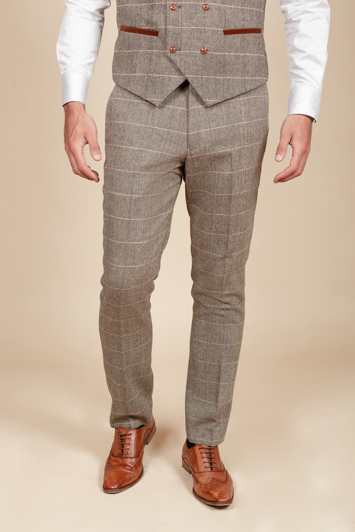DX7 Tan Tweed Check Trousers for Men - Classic Vintage Style Casual Pants for Office, Business & Smart Casual Outfits
