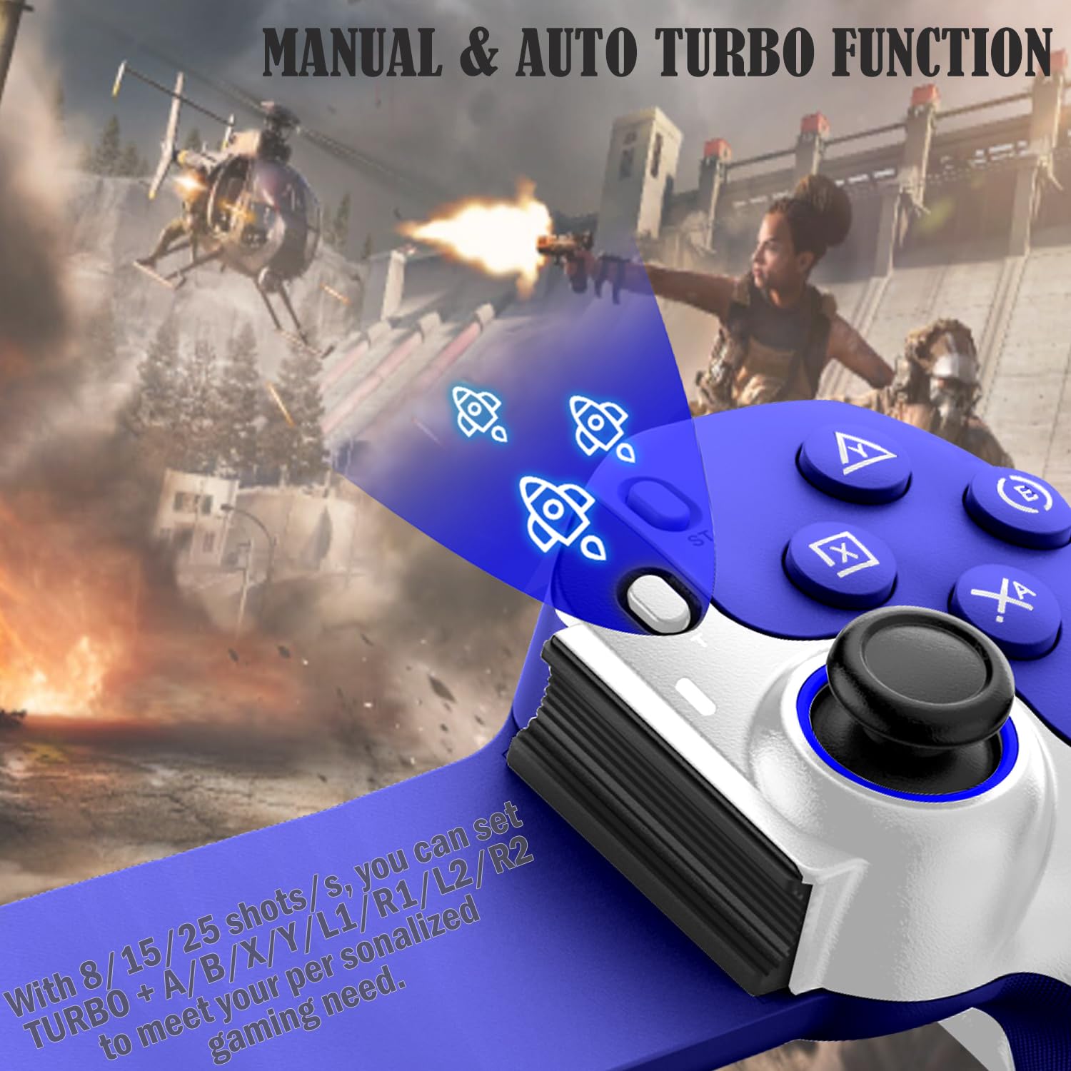 Wireless Bluetooth Game Controller for iPhone 15/14, iPad, Android, PC, Nintendo Switch, PS3/PS4 - Hall Effect Triggers, 6-Axis Gyro, Turbo Function - Perfect for Cloud Gaming, Mobile Gaming & Console Streaming on PS5/Xbox/PC - Blue
