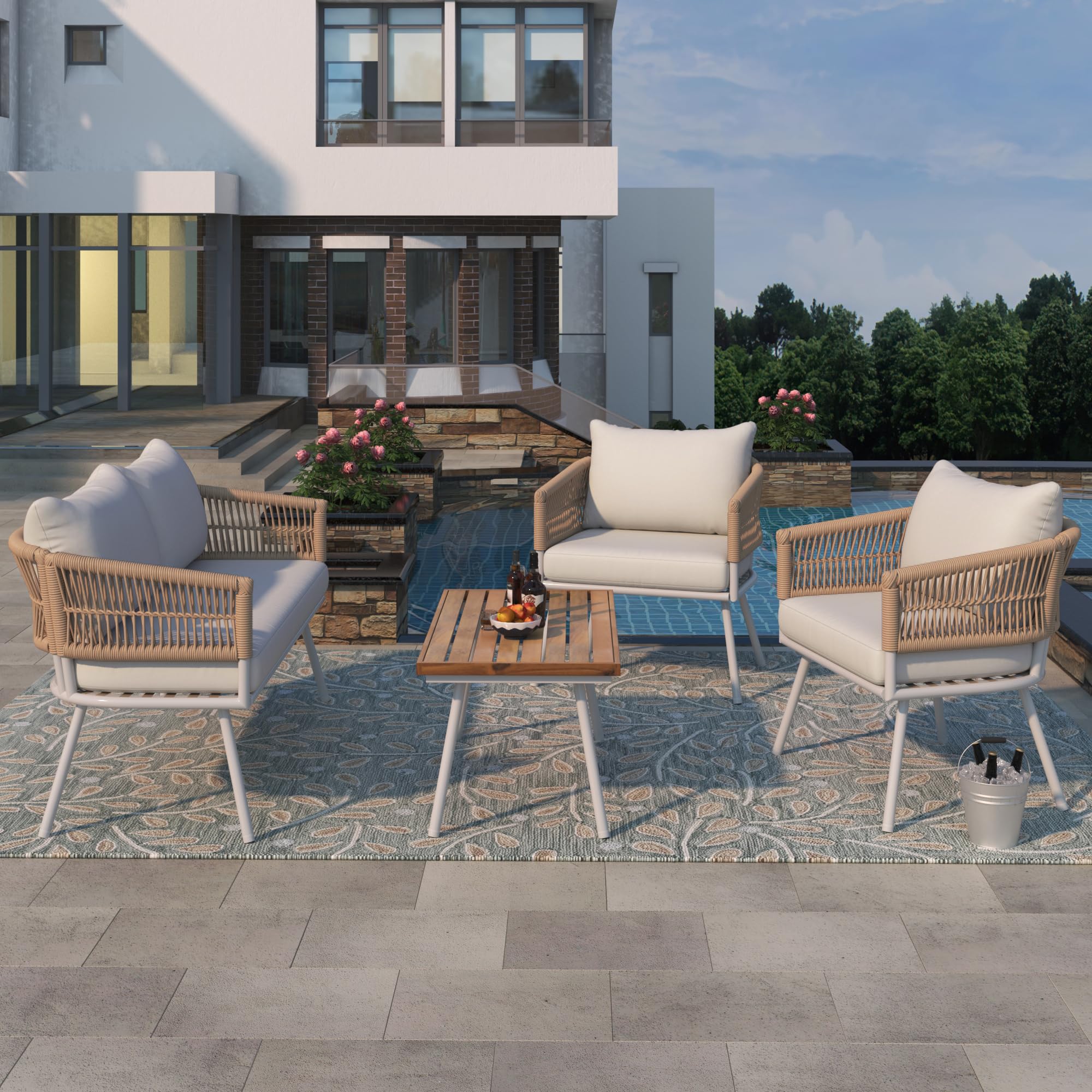 4-Piece Outdoor Patio Furniture Set with Thick Cushions & Deep Seating - Boho Style Acacia Wood Table Conversation Set for Yard, Poolside or Backyard - Beige Color - Perfect for Relaxing, Entertaining and Outdoor Gatherings