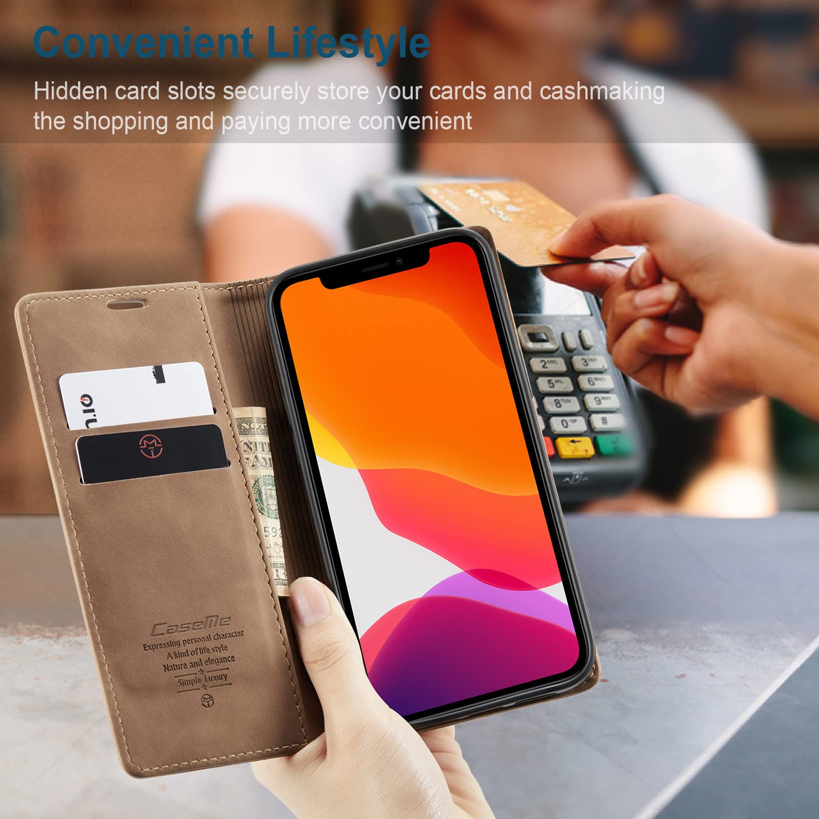 XYX Matte Texture Retro PU Leather Wallet Case with Magnetic Kickstand & Card Slots - Compatible with iPhone 12/iPhone 12 Pro (Brown) | Slim Protective Phone Cover for Everyday Use, Travel & Business Meetings