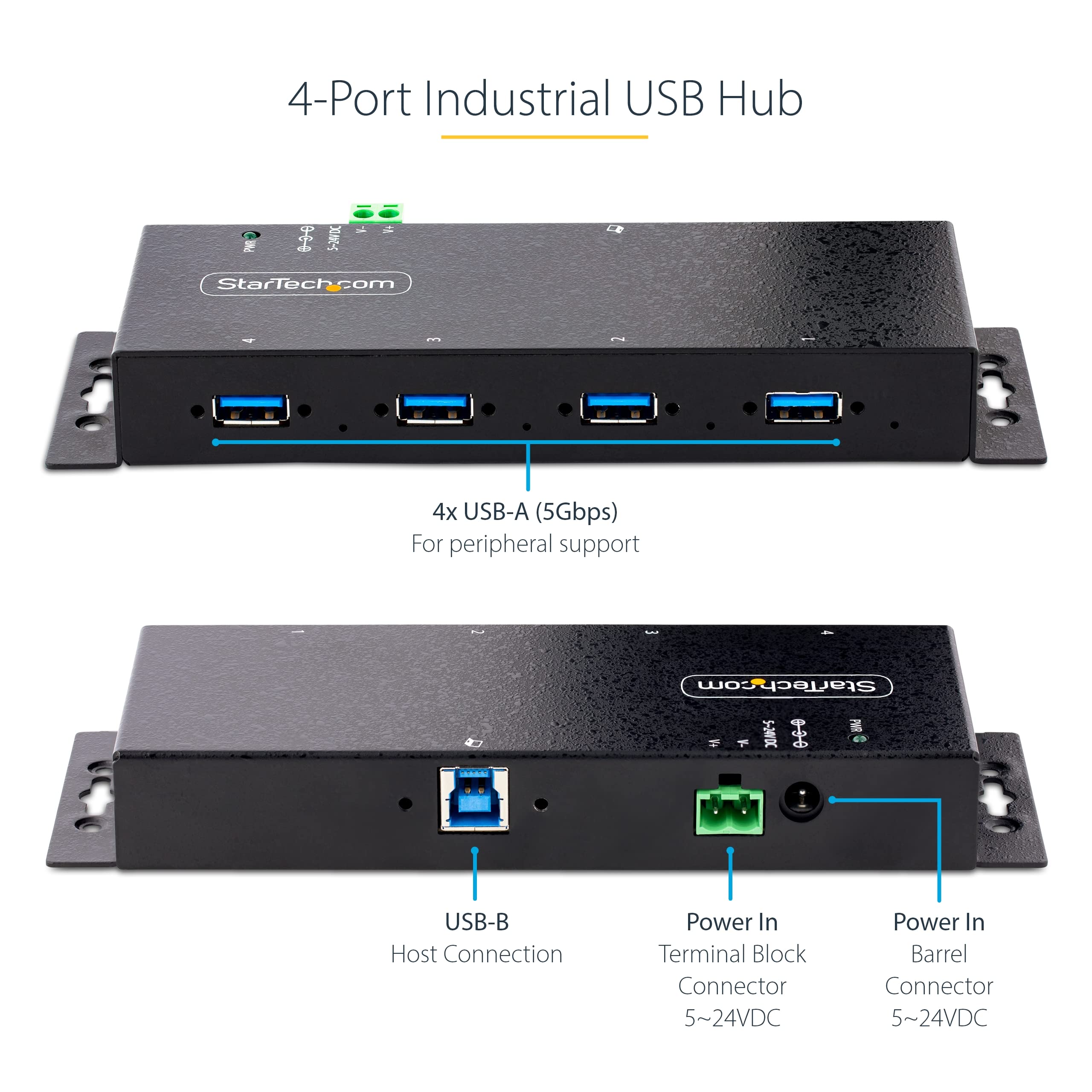 Industrial USB 3.0 Hub 4-Port - Rugged 5Gbps Hub with ESD Protection for Office & Workshop Use
