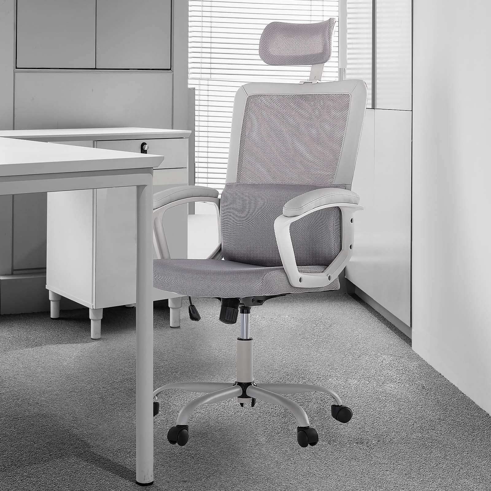 Ergonomic High Back Mesh Office Chair with Adjustable Lumbar Support & Height - Light Gray Swivel Rolling Task Chair for Home & Office Use - Perfect for Long Hours of Work, Gaming, or Studying