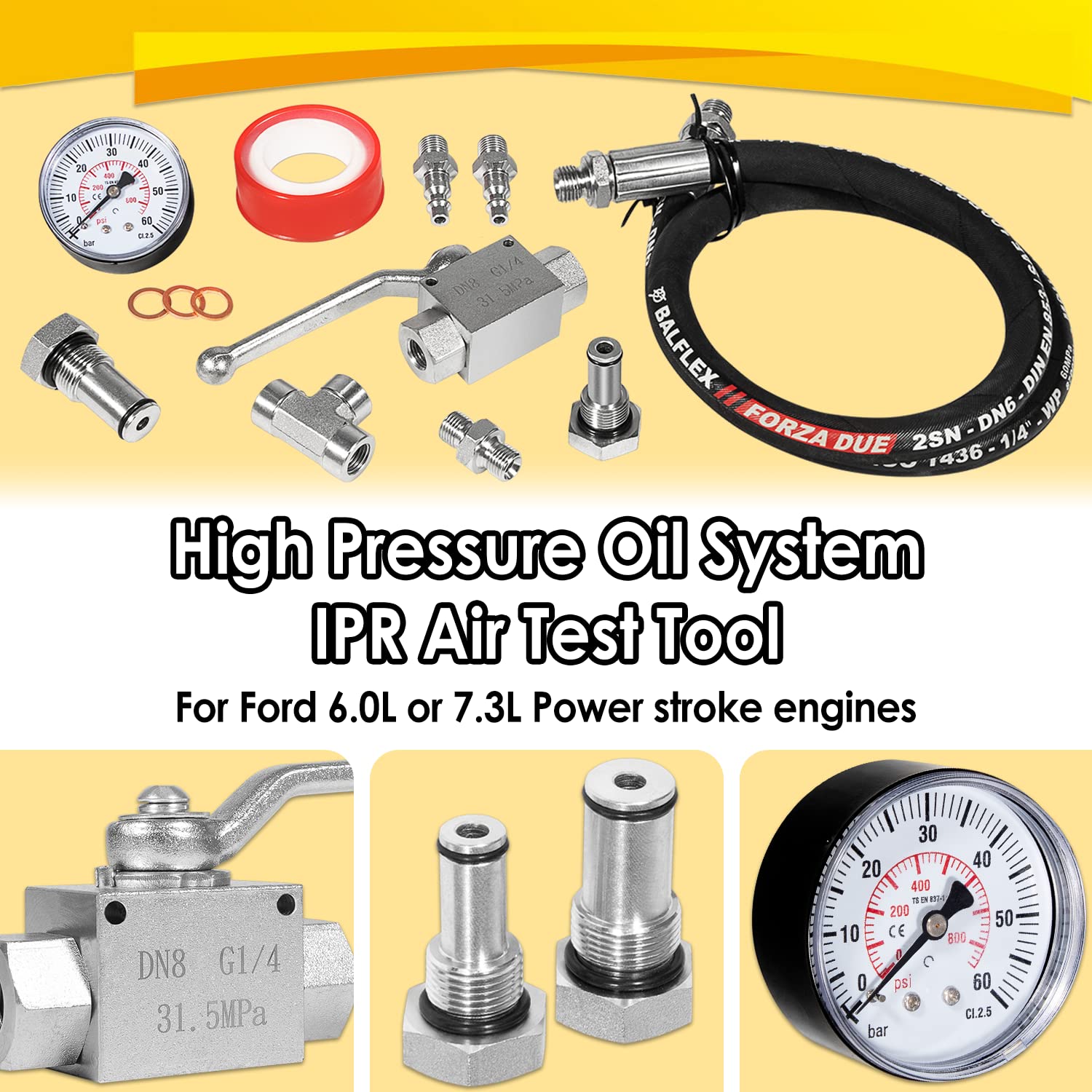 Ford 6.0L 7.3L Powerstroke High Pressure Oil System IPR Air Test Kit with Gauge - Diagnostic Tool for Diesel Engine Repair & Maintenance (Workshop/Garage Use)