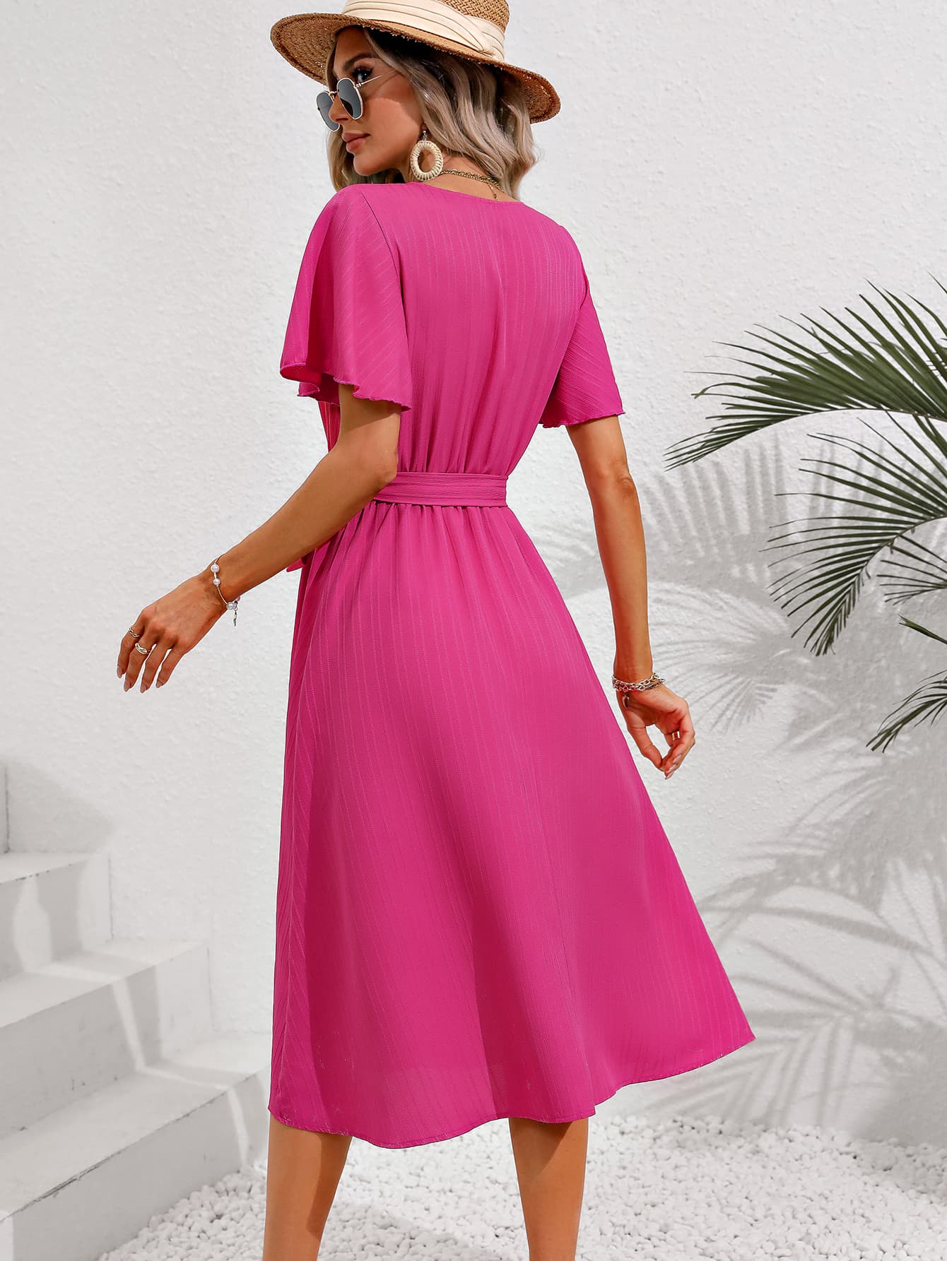 Malibu Pink Tie Belt Midi Resort Dress - Women's Summer Beach Vacation Outfit for Pool Parties & Tropical Getaways