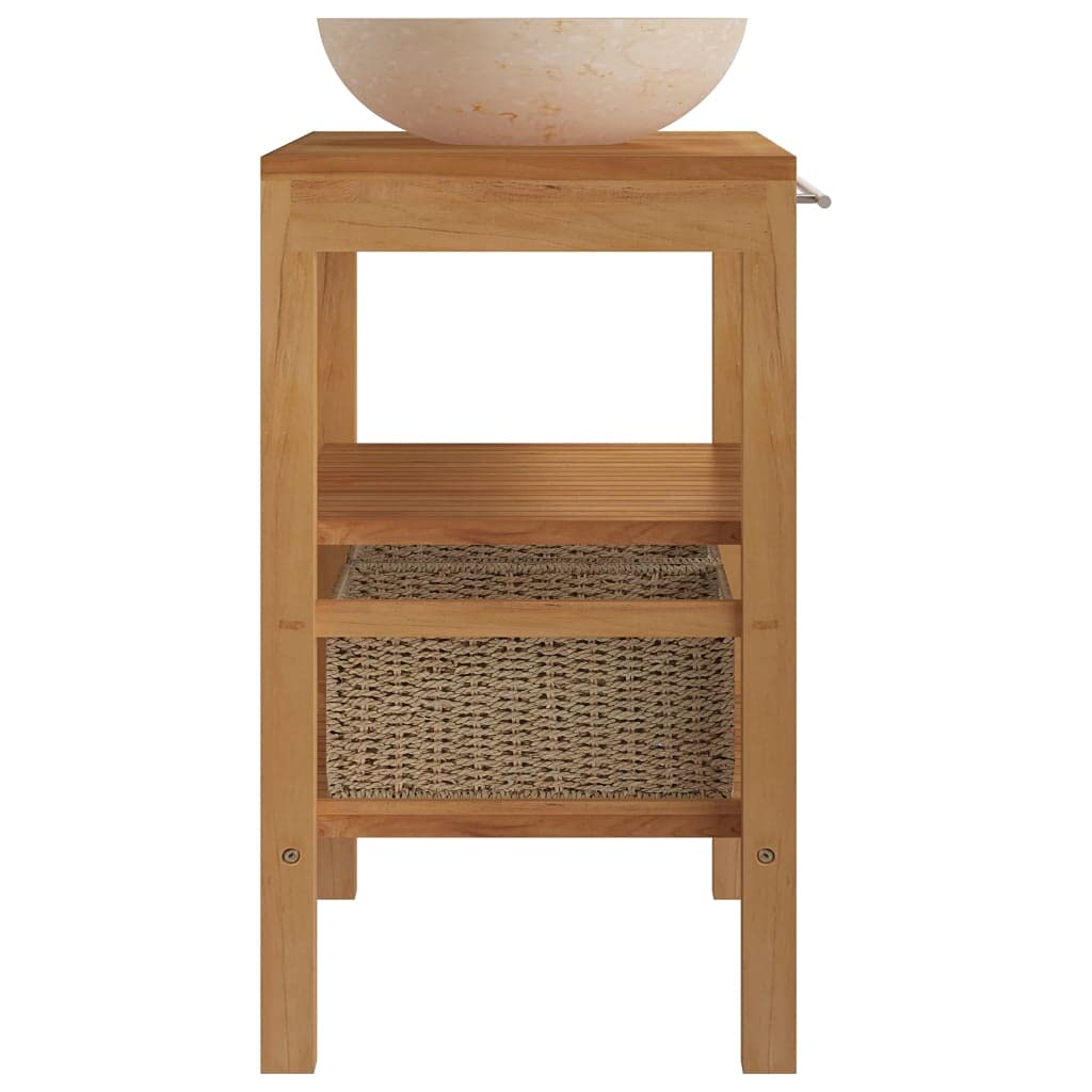 Premium Solid Teak Wood Bathroom Vanity with Cream Marble Sink & Seagrass Storage Baskets - Modern Farmhouse Style for Master Bath, Guest Bath & Powder Room Organization