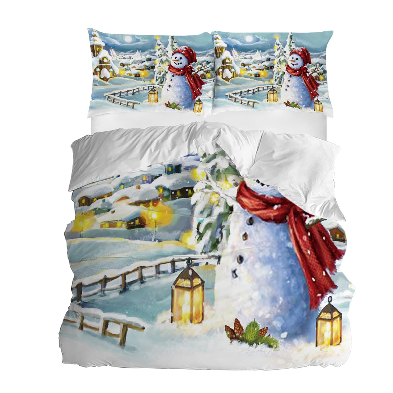 3 Piece Twin Size Christmas Village Snowman Duvet Cover Set with 2 Pillow Shams - Lightweight Soft Comforter Cover - Snowman in Snowland Design - Perfect for Holiday Bedroom Decor & Winter Themed Guest Room