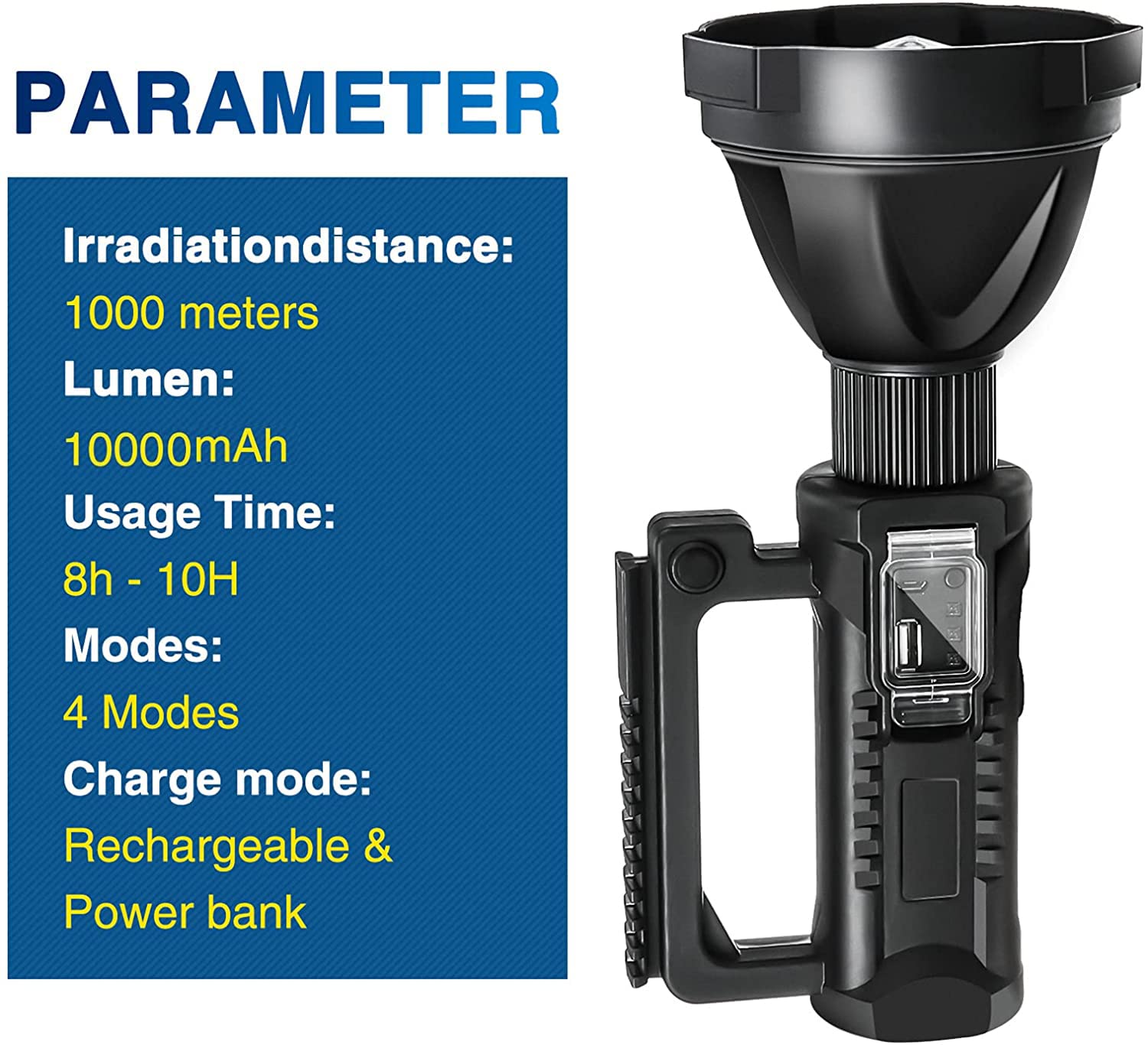 100,000 Lumens Rechargeable LED Spotlight Flashlight - Super Bright Waterproof Searchlight with 4 Modes, Tripod & Adjustable Handle - Perfect for Fishing, Hiking, Camping, Hunting, Emergency & Outdoor Adventures (Black)