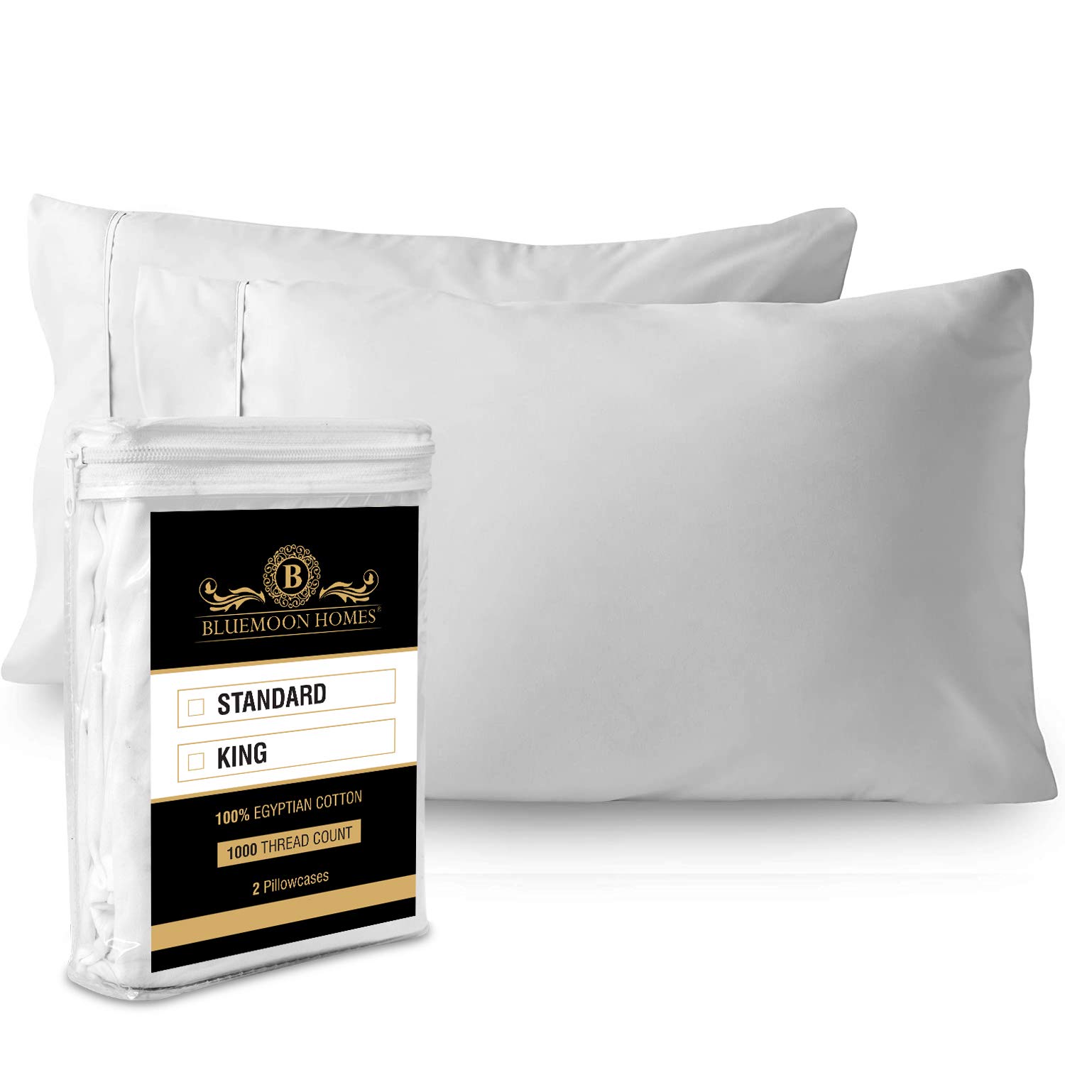 Bluemoon Homes King Size Pillowcases 1000 Thread Count - 100% Egyptian Cotton, Breathable & Cooling White Pillow Covers - Soft, Smooth Hotel-Like Pillow Protectors for Bedroom, Guest Room & Travel
