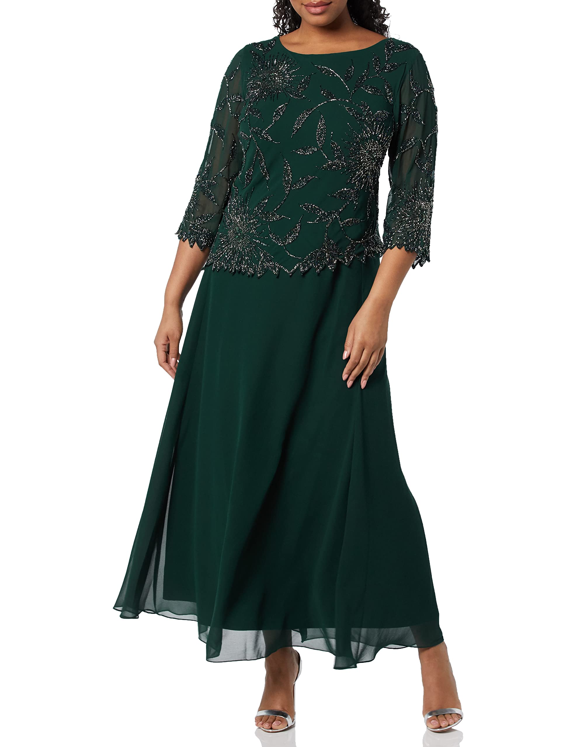 **J Kara Women's Plus Size Beaded Scoop Neck 3/4 Sleeve Long Dress – Elegant Evening Wear for Parties & Special Occasions**